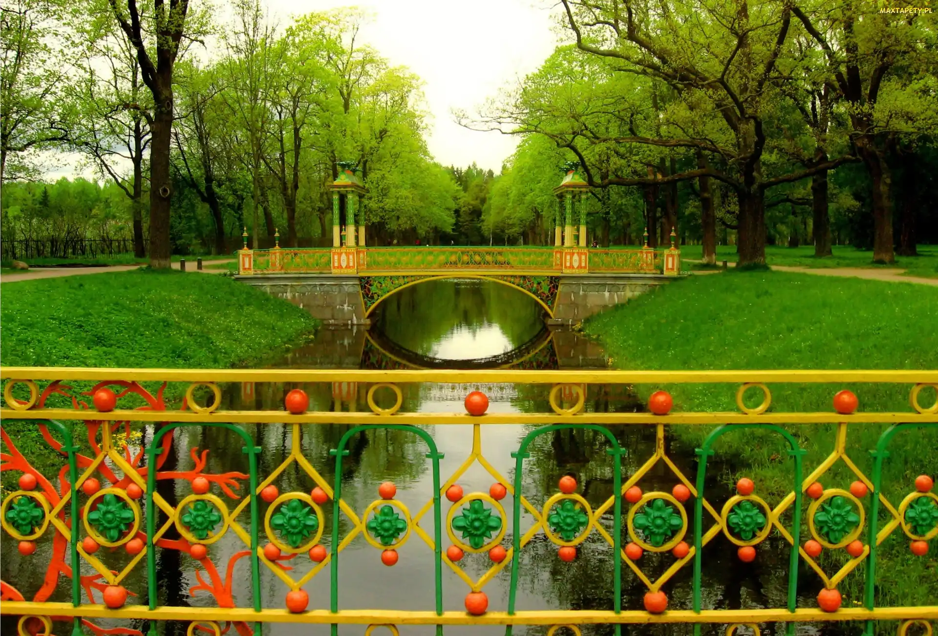Rzeka, Park, Alejki, Drzewa, Mosty