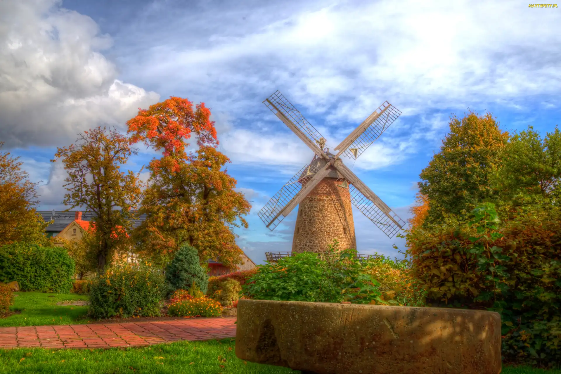 Jesień, HDR, Wiatrak, Dom, Drzewa