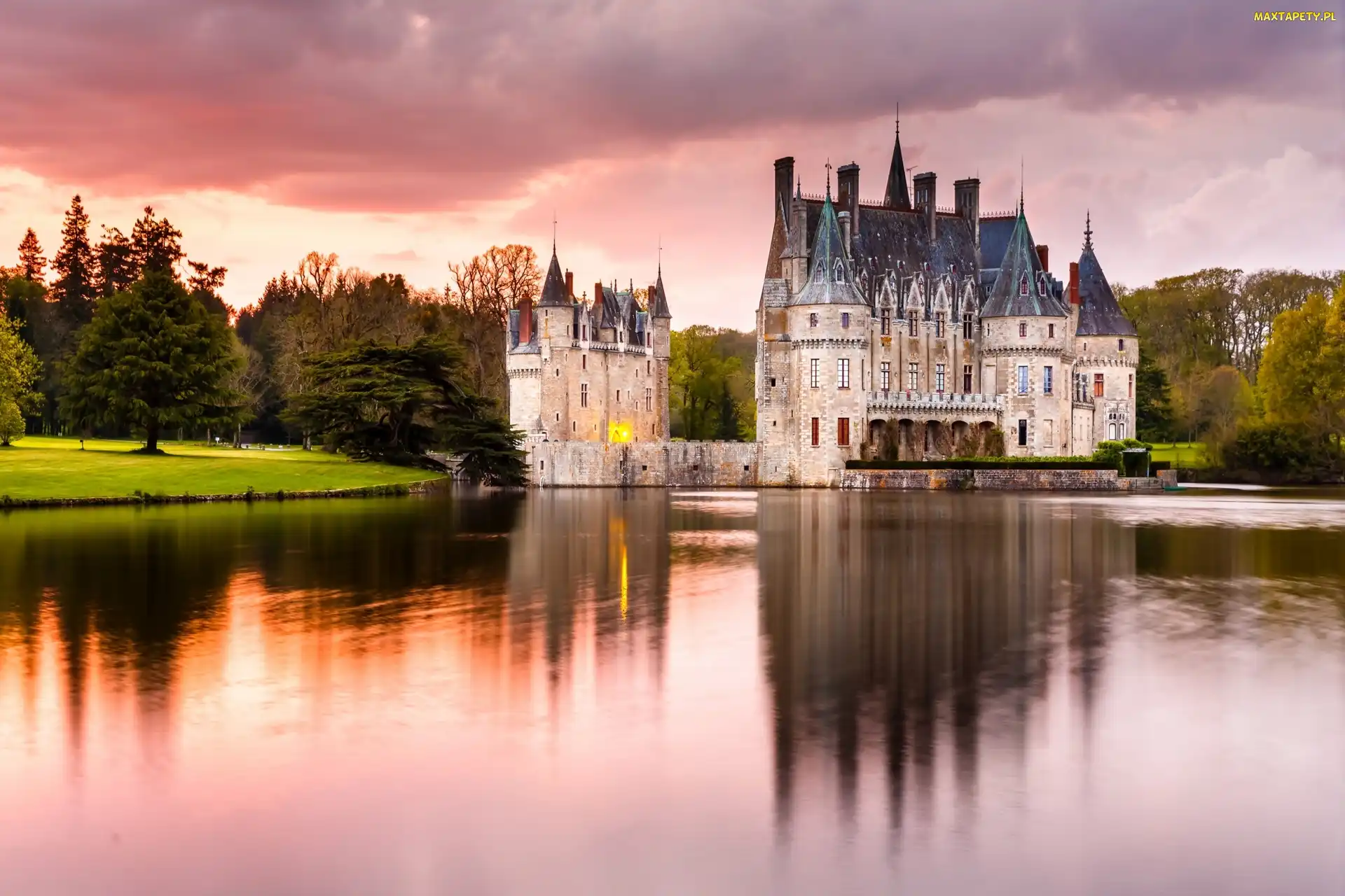 Park, Jezioro, Chateau de la Bretesche, Drzewa, Francja, Zamek Bretesche, Miejscowość Missillac
