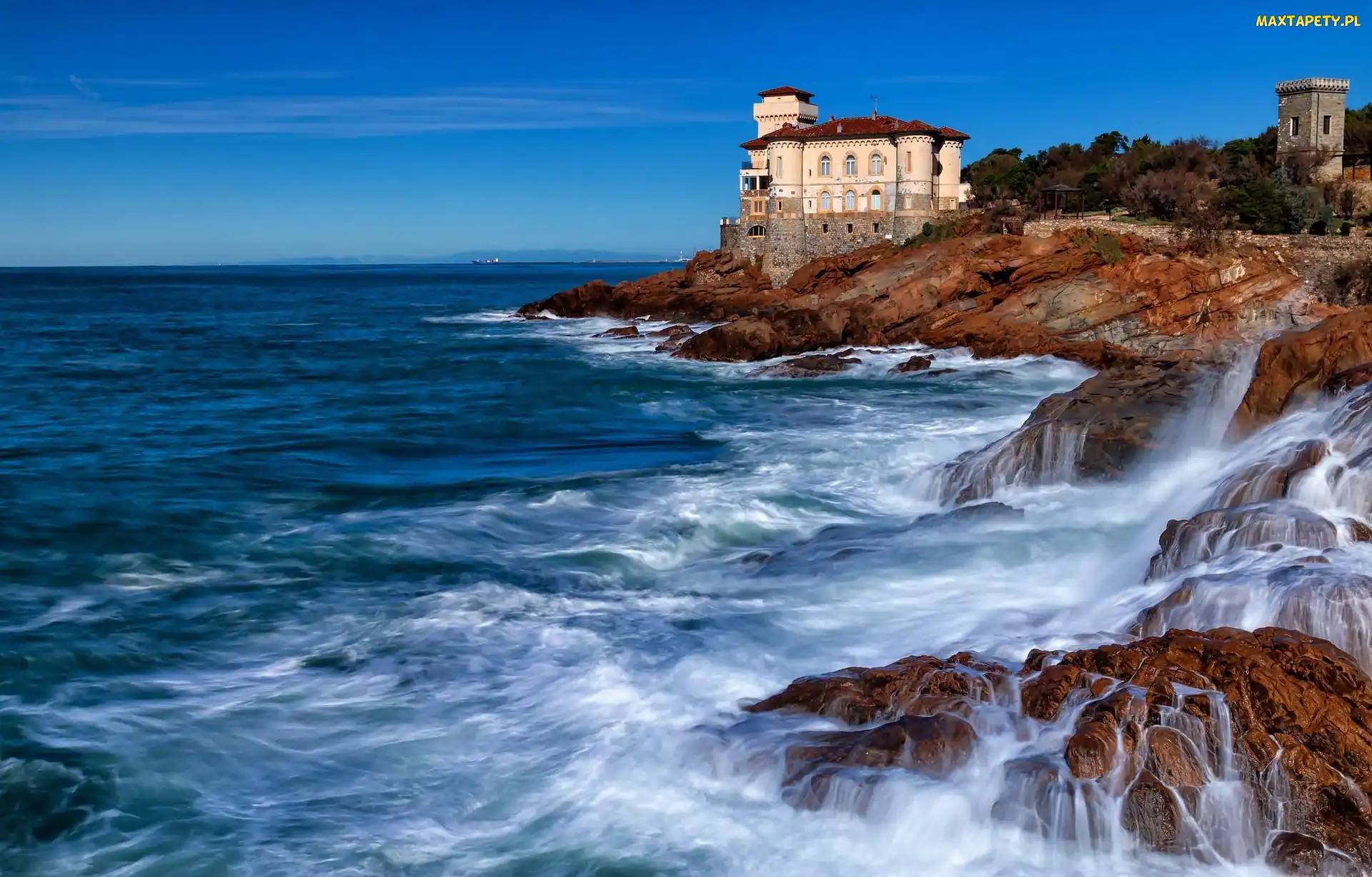 Włochy, Toskania, Zamek, Castel Boccale Livorno, Wybrzeże, Skały