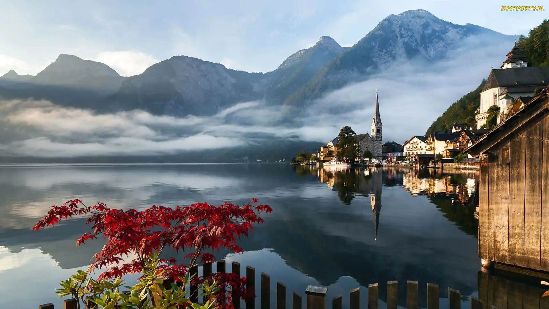 Domy, Mgła, Hallstatt, Austria, Jezioro, Góry Alpy