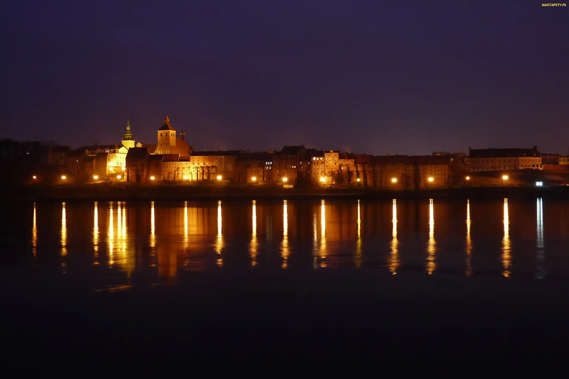 Miasto, Noc, Odbicia, Grudziądz, Rzeka