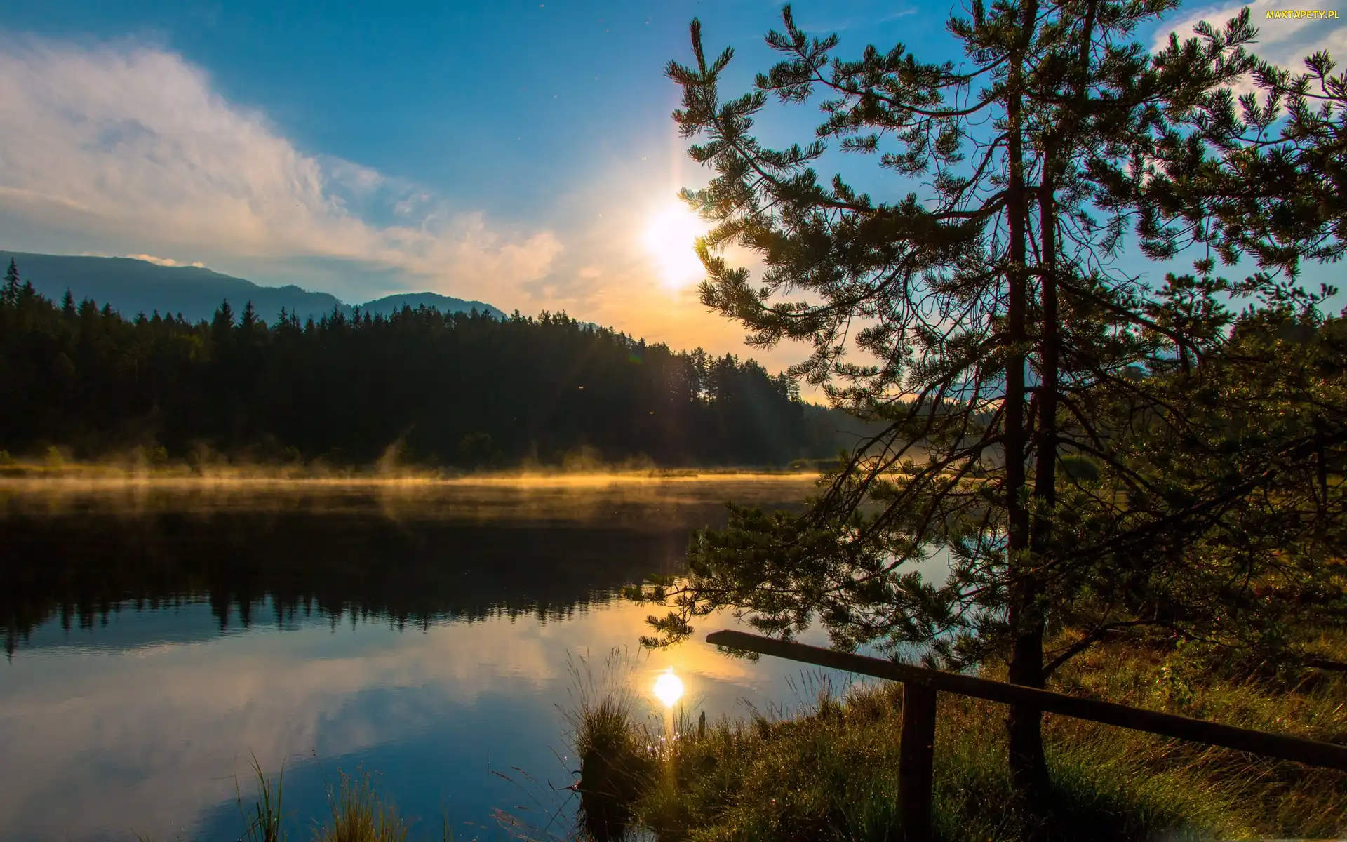 Jezioro, Drzewo, Zachód słońca, Góry