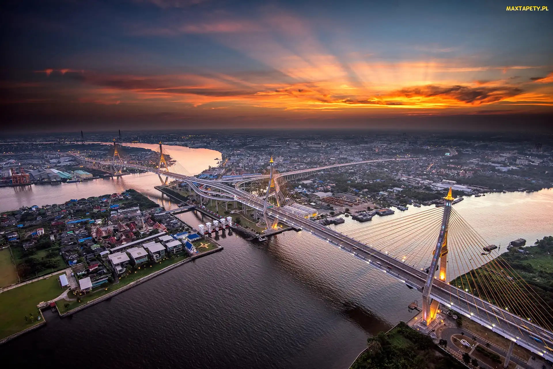 Azja, Noc, Bangkok, Tajlandia, Most, Rzeka