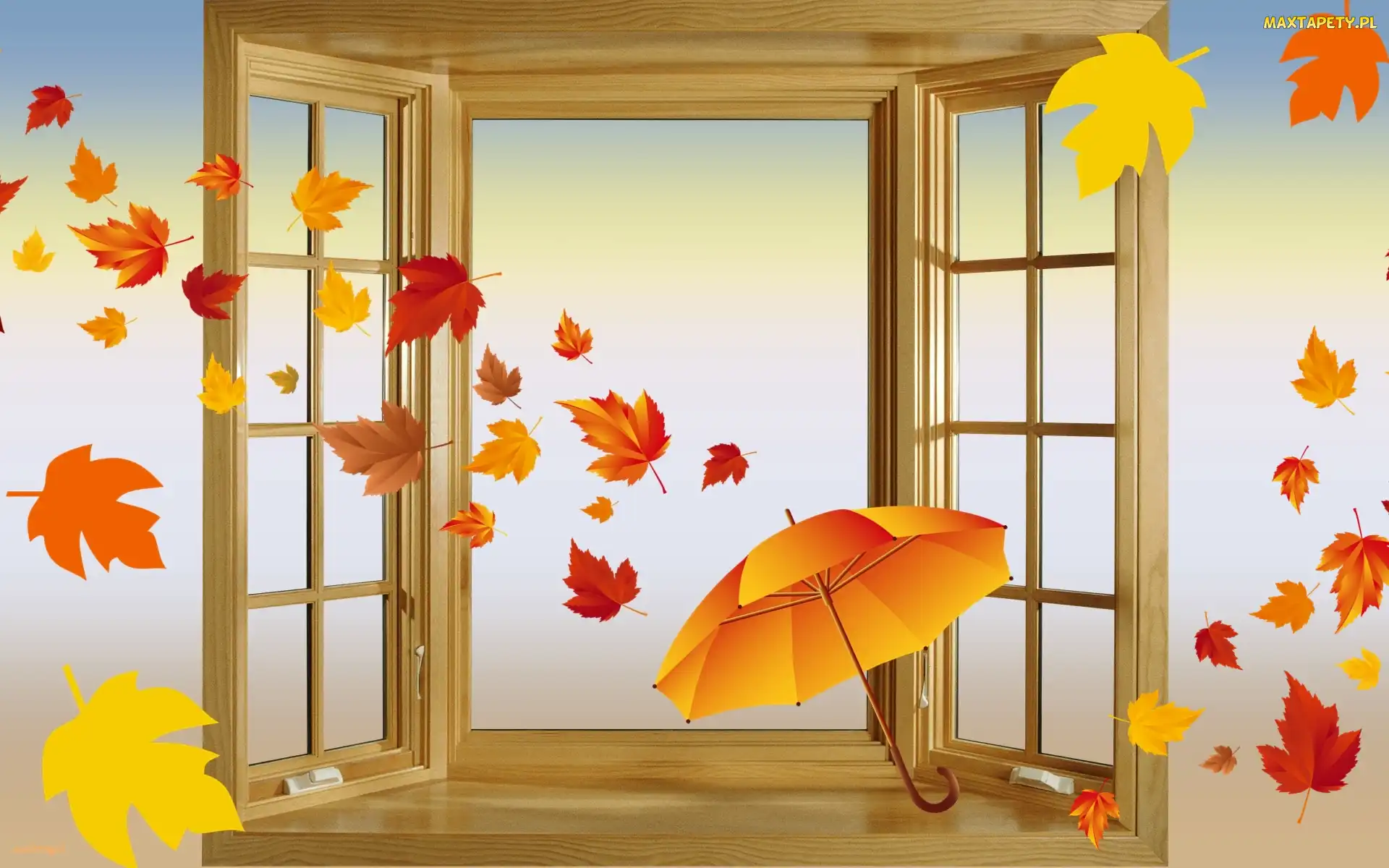 Liście, Parasol, Grafika, Okno