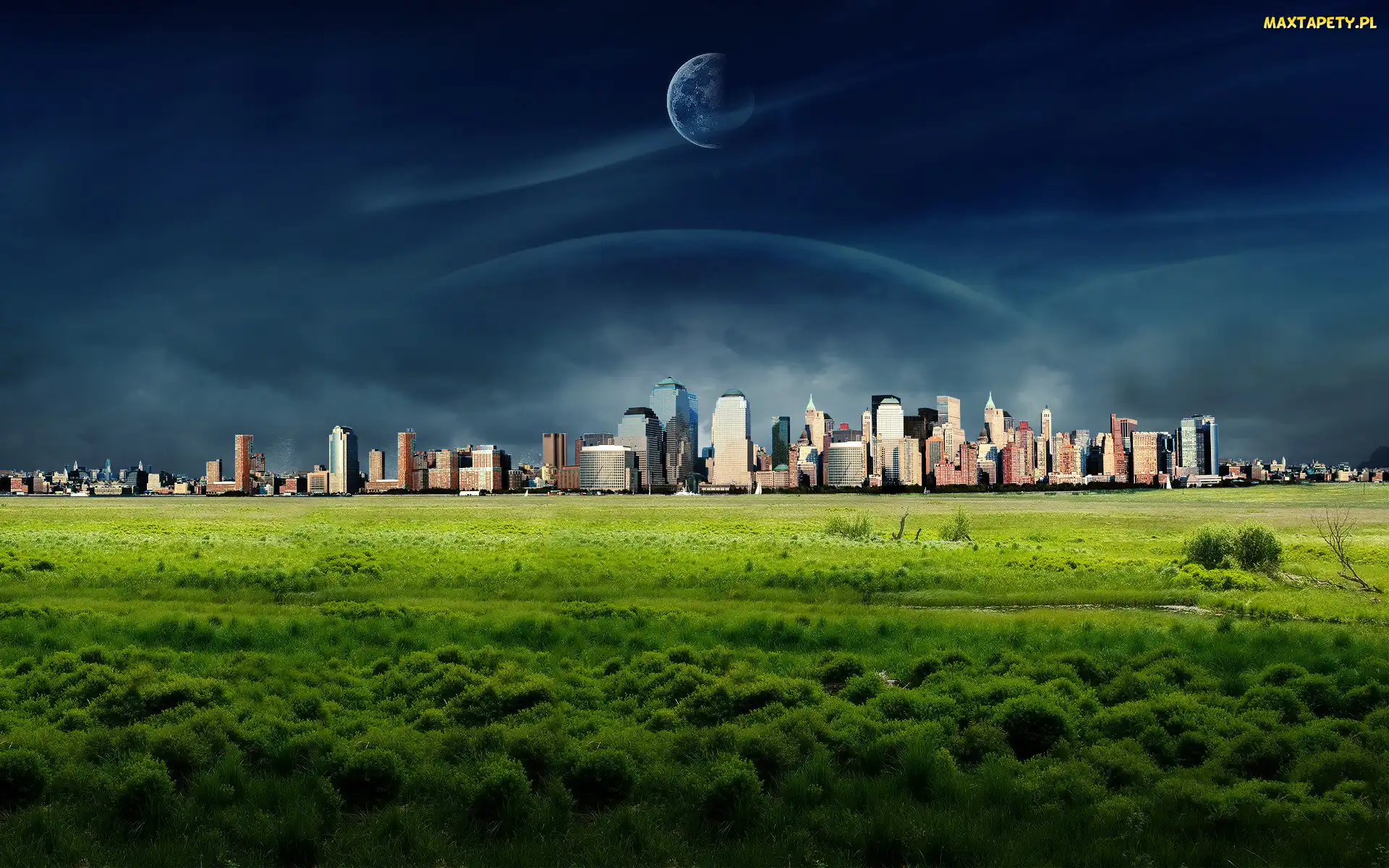 Miasto, Fantasy, Planeta, Łąki