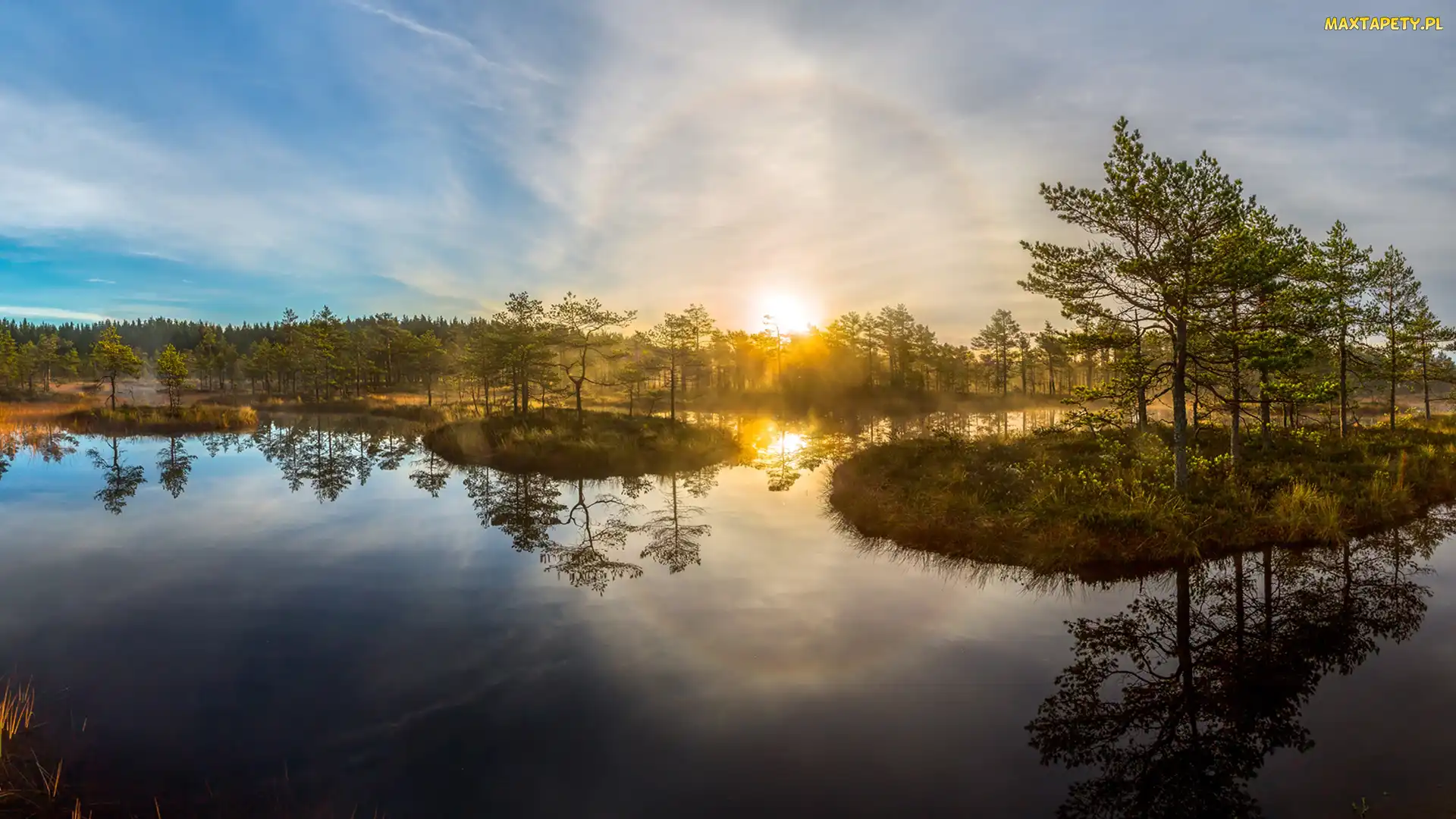 Wysepki, Wschód słońca, Drzewa, Las, Jezioro