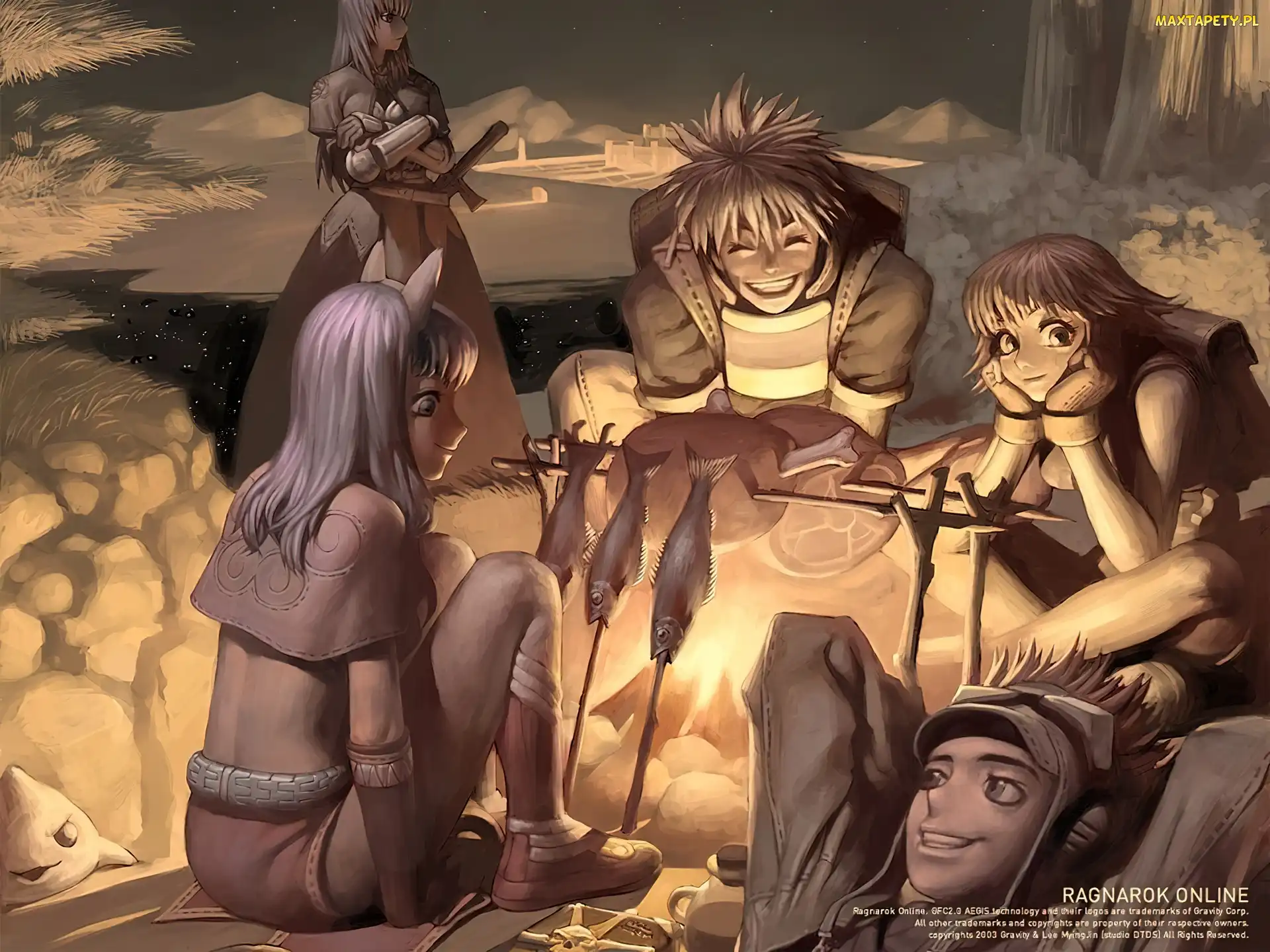 ludzie, ognisko, Ragnarok, ryby