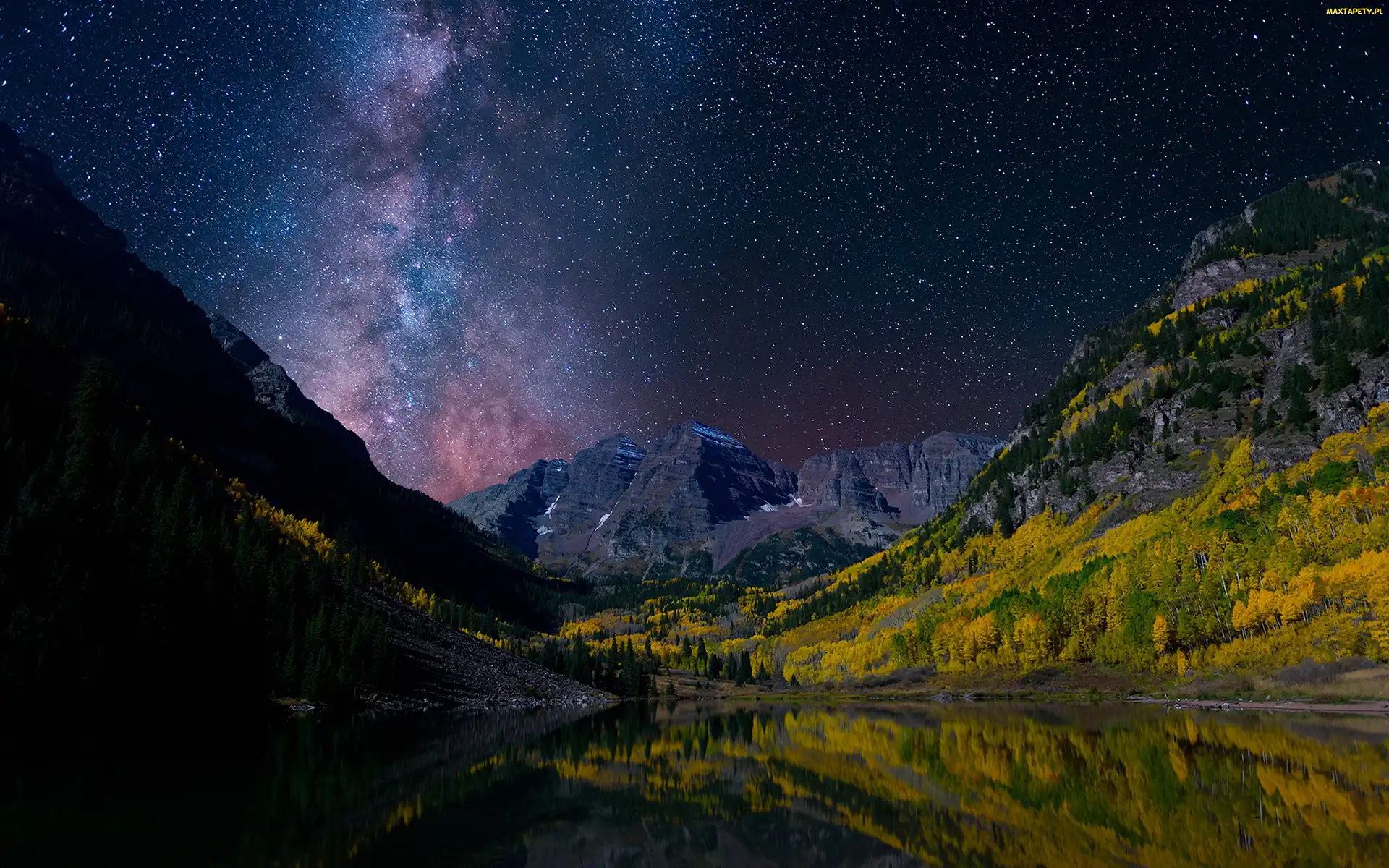 Maroon Bells, Jezioro, Stany Zjednoczone, Gwiazdy, Góry, Kolorado, Pasmo górskie Elk, Góry Skaliste, Jezioro Maroon