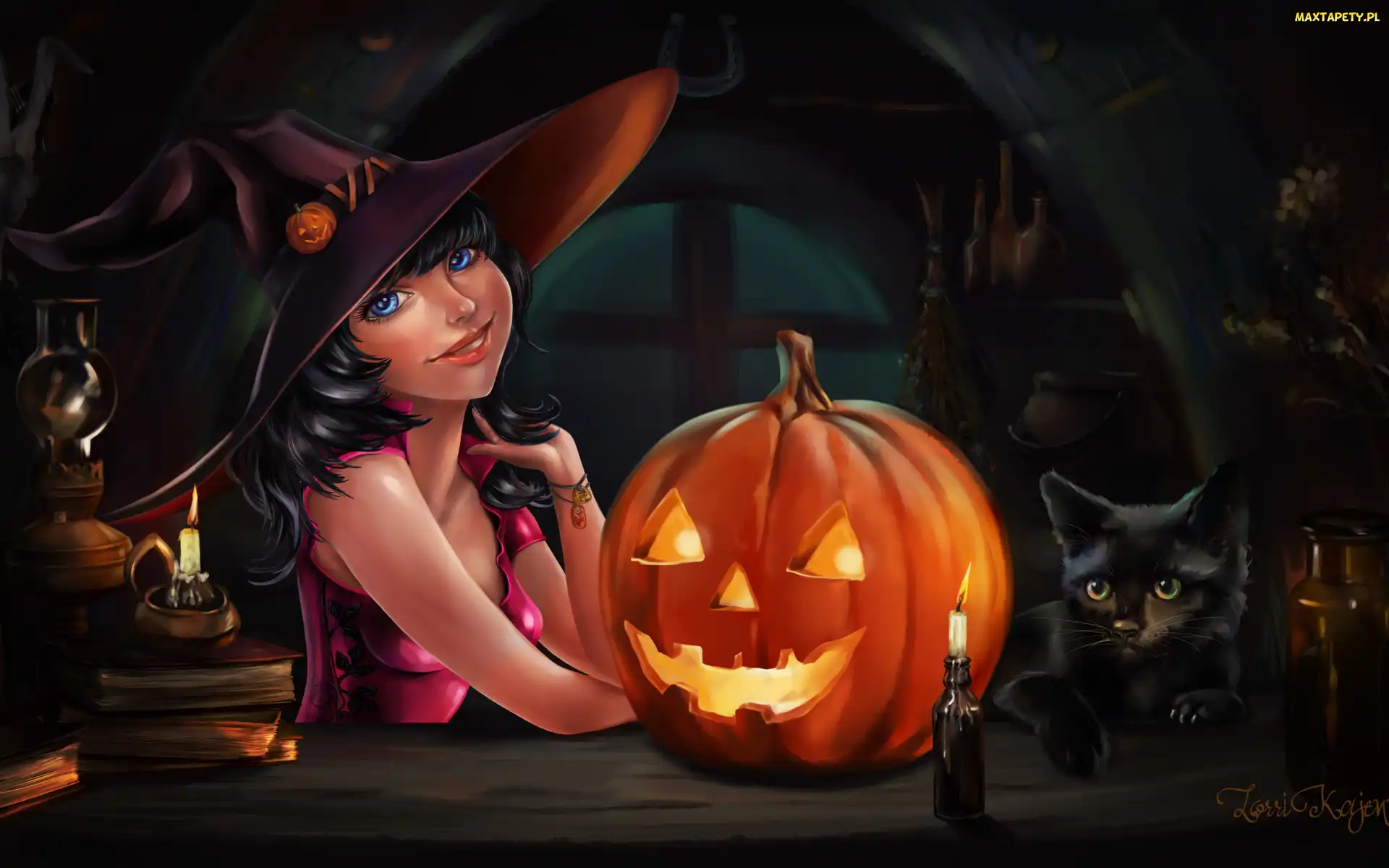 Dynia, Świecąca, Czarownica, Halloween, Czarny, Kot