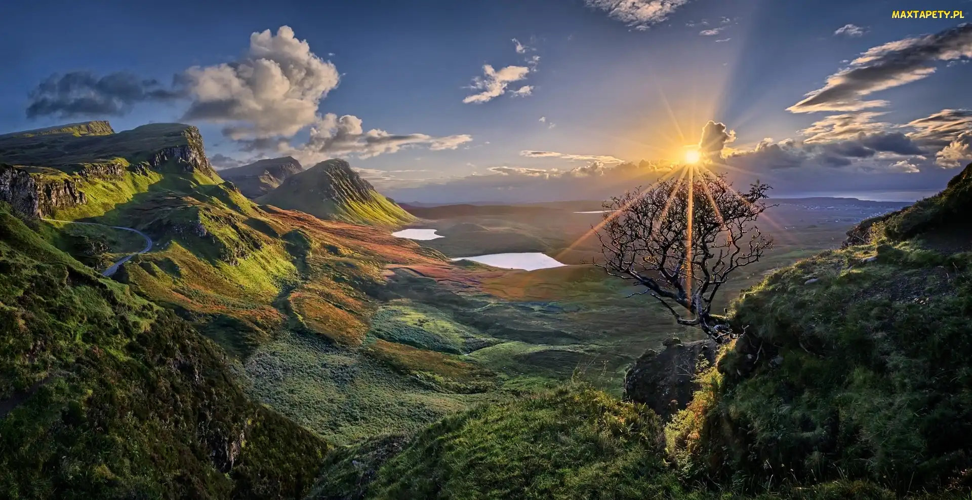 Drzewo, Zachód słońca, Dolina, Szkocja, Wzgórza, Quiraing