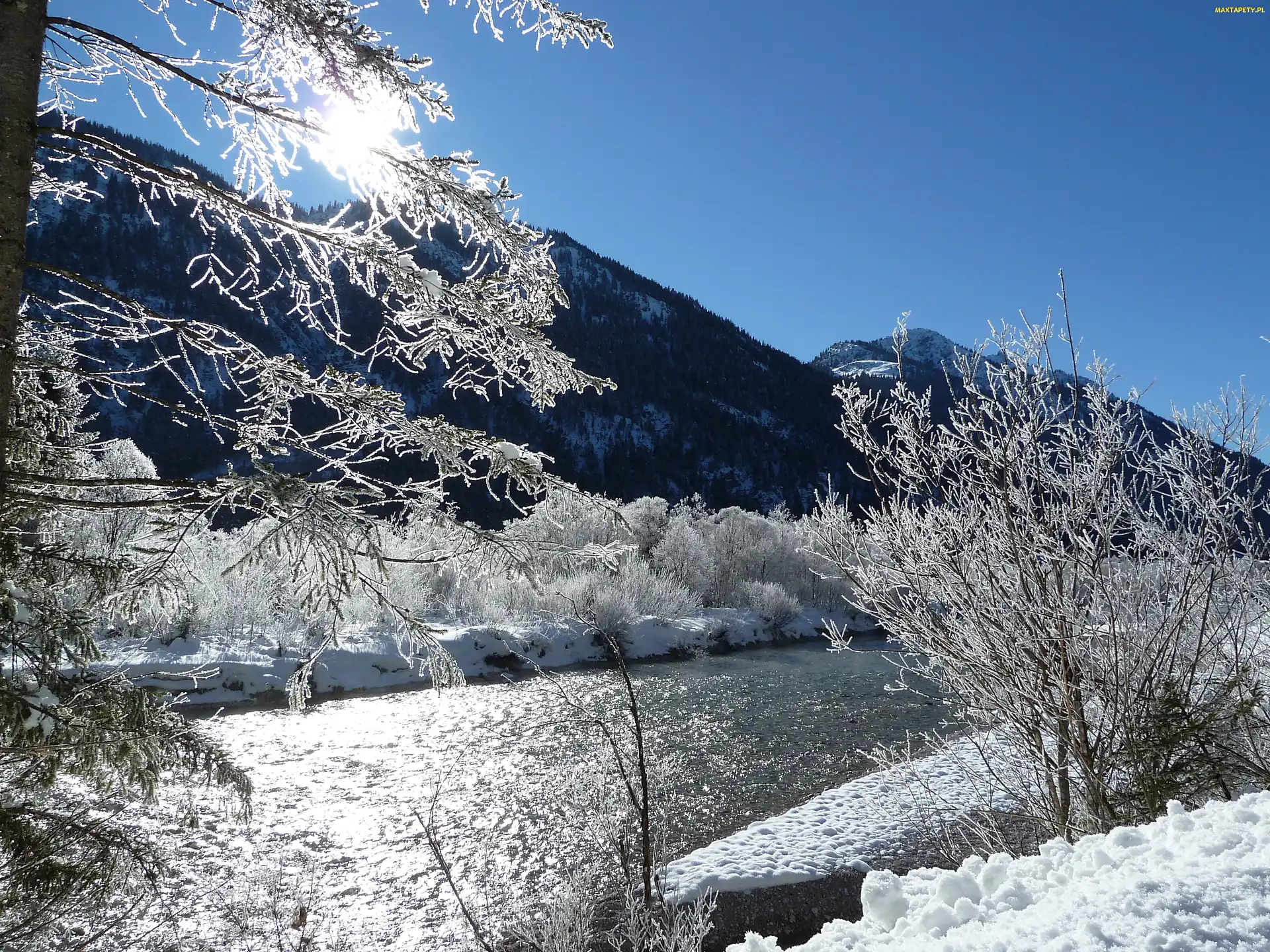 Mróz, Poranek, Rzeka, Austria, Śnieg, Słoneczny