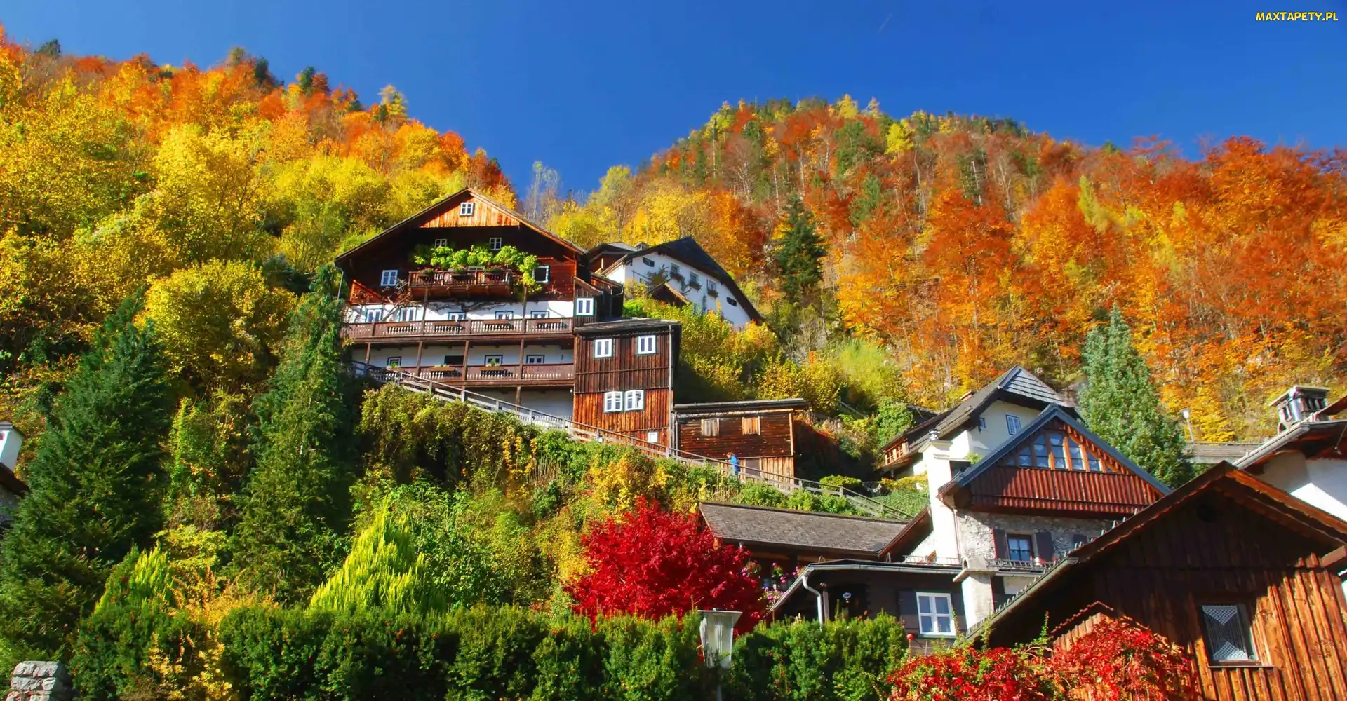 Miasteczko Hallstatt, Jesień, Góra, Domy, Austria