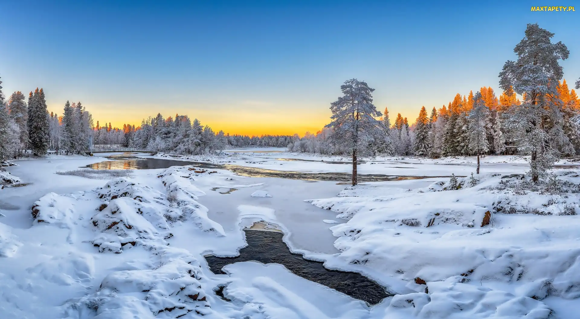 Prowincja Oulu, Zima, Wschód słońca, Rzeka, Finlandia