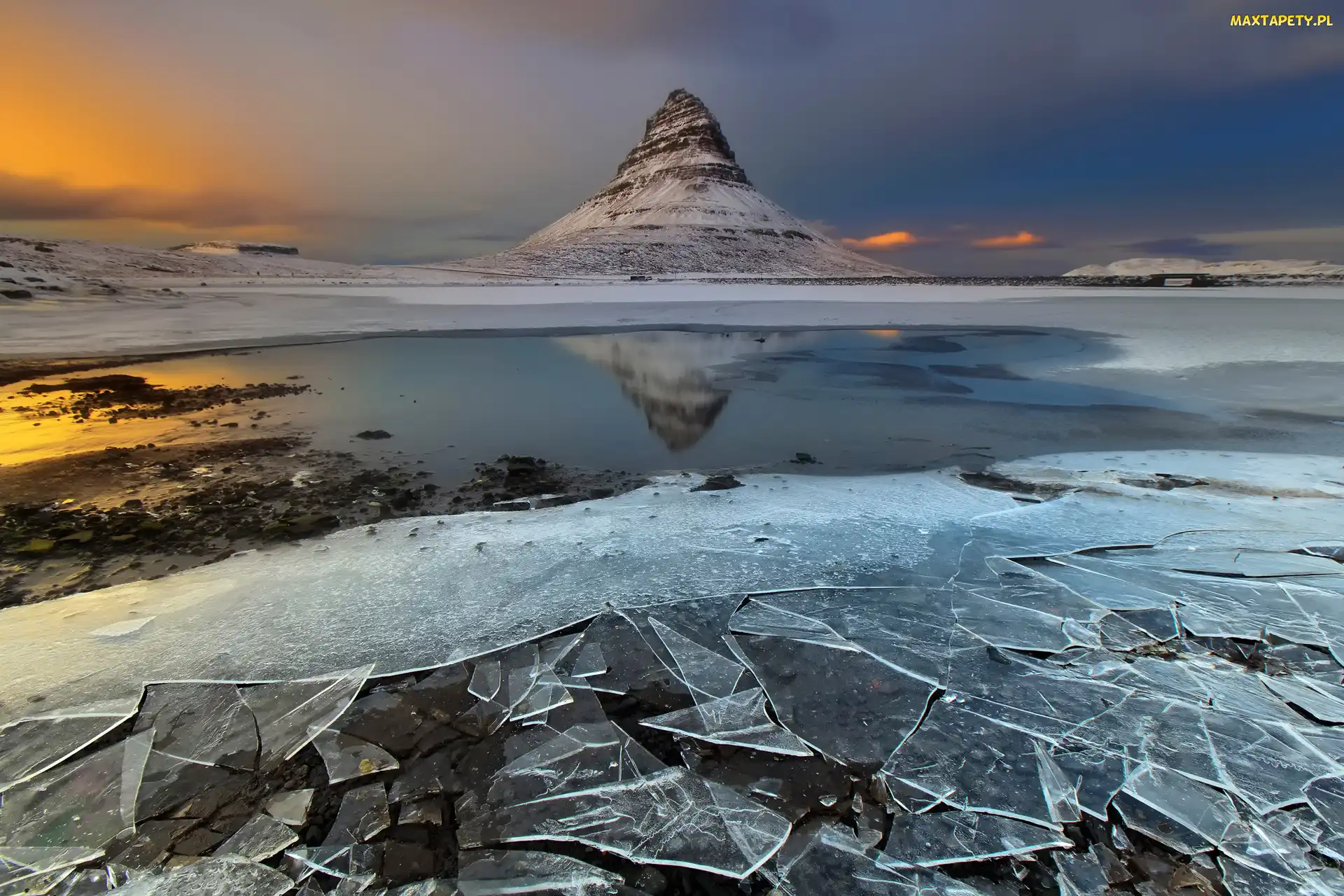 Kra, Pękająca, Zima, Islandia, Jezioro, Góra Kirkjufell