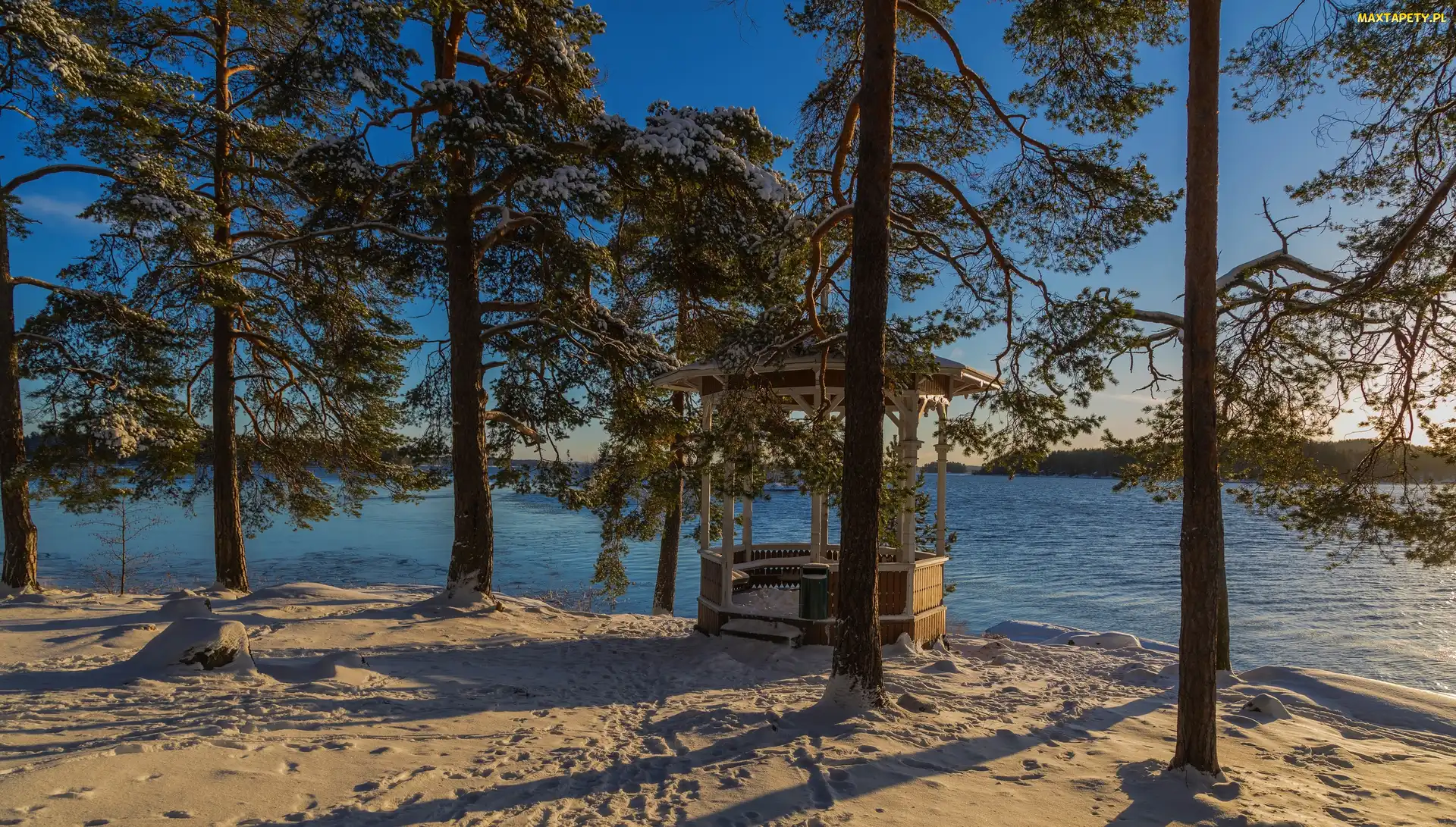 Jezioro, Śnieg, Finlandia, Zima, Drzewa, Altanka