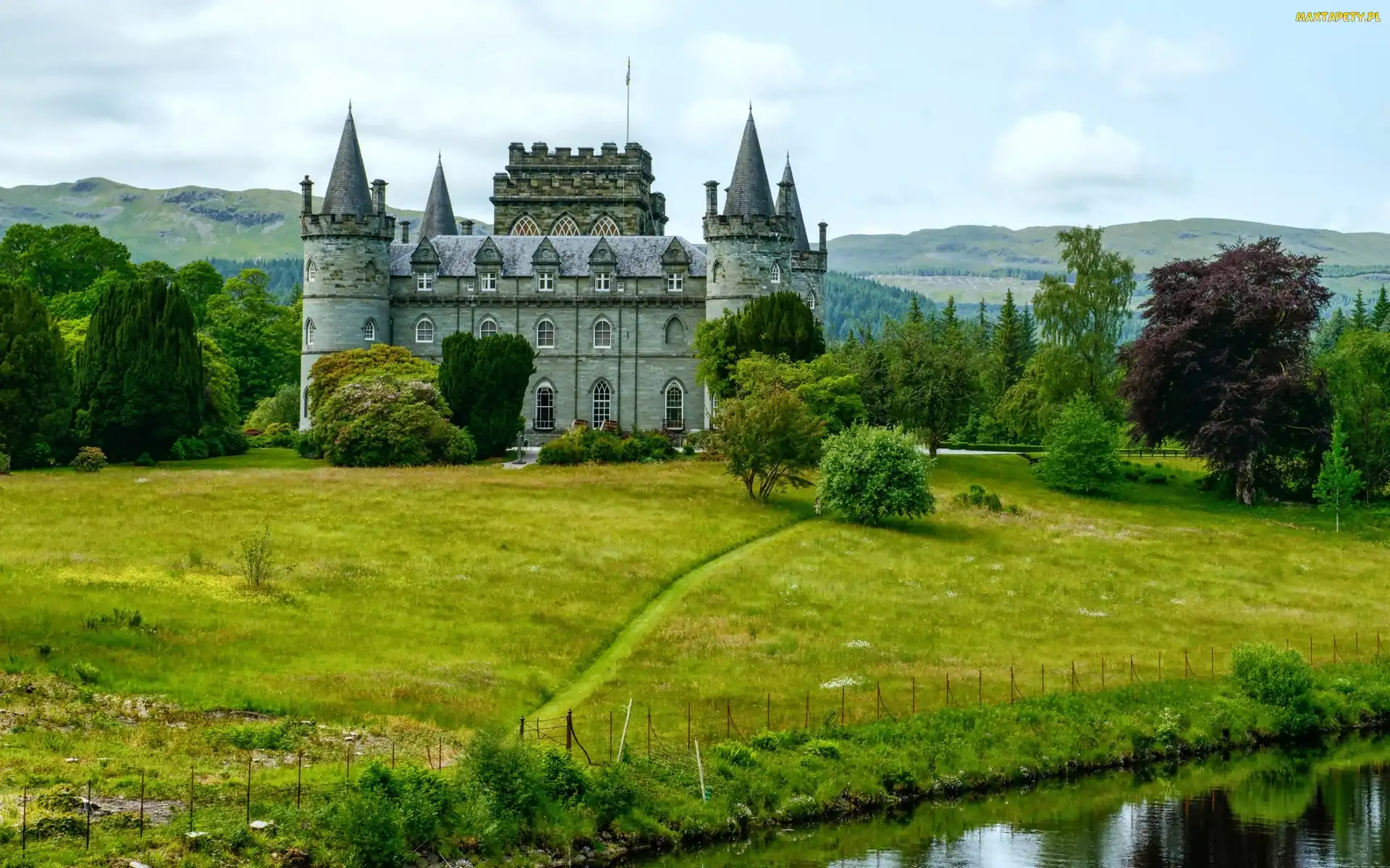 Miasto Inveraray, Wzgórza, Drzewa, Szkocja, Zamek Inveraray
