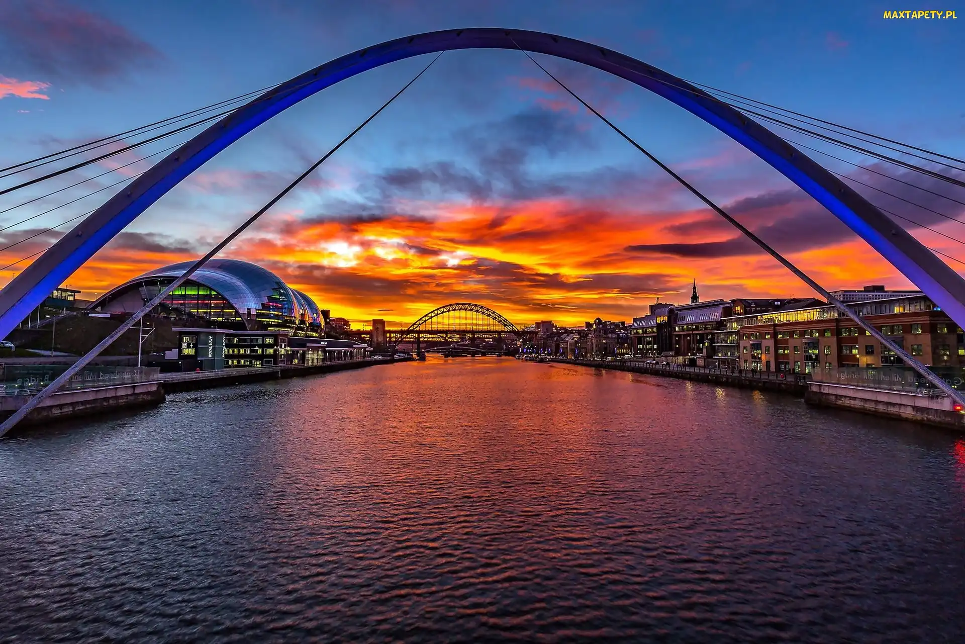 Most Tyne Bridge, Anglia, Chmury, Zachód słońca, Rzeka Tyne
