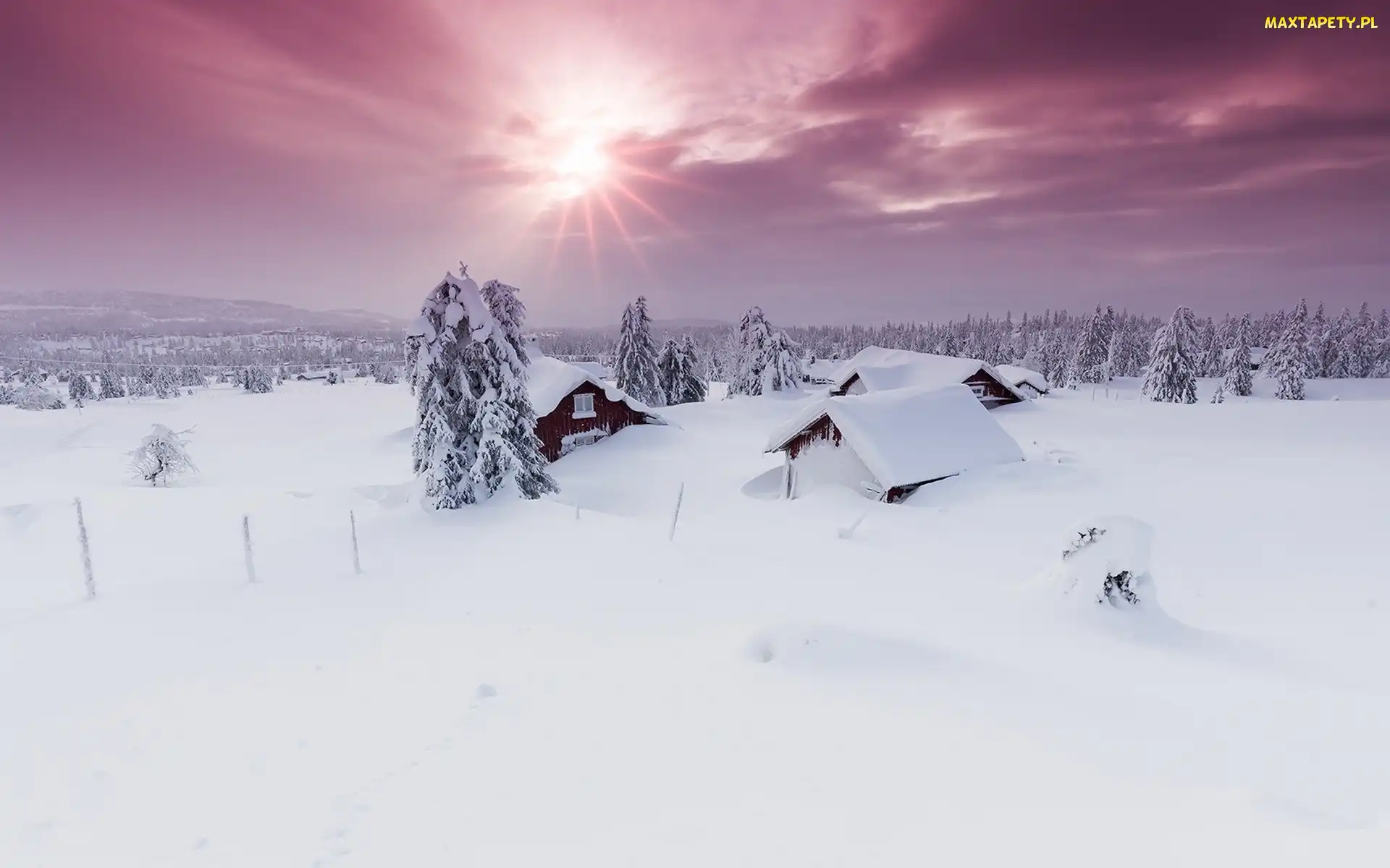 Zima, Okręg Oppland, Norwegia, Domy, Promienie słońca, Drzewa, Zasypane, Gmina Lillehammer