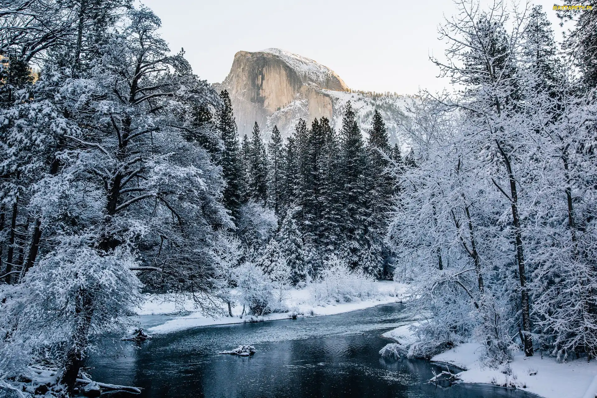 Stan Kalifornia, Stany Zjednoczone, Góry, Zima, Las, Rzeka, Park Narodowy Yosemite