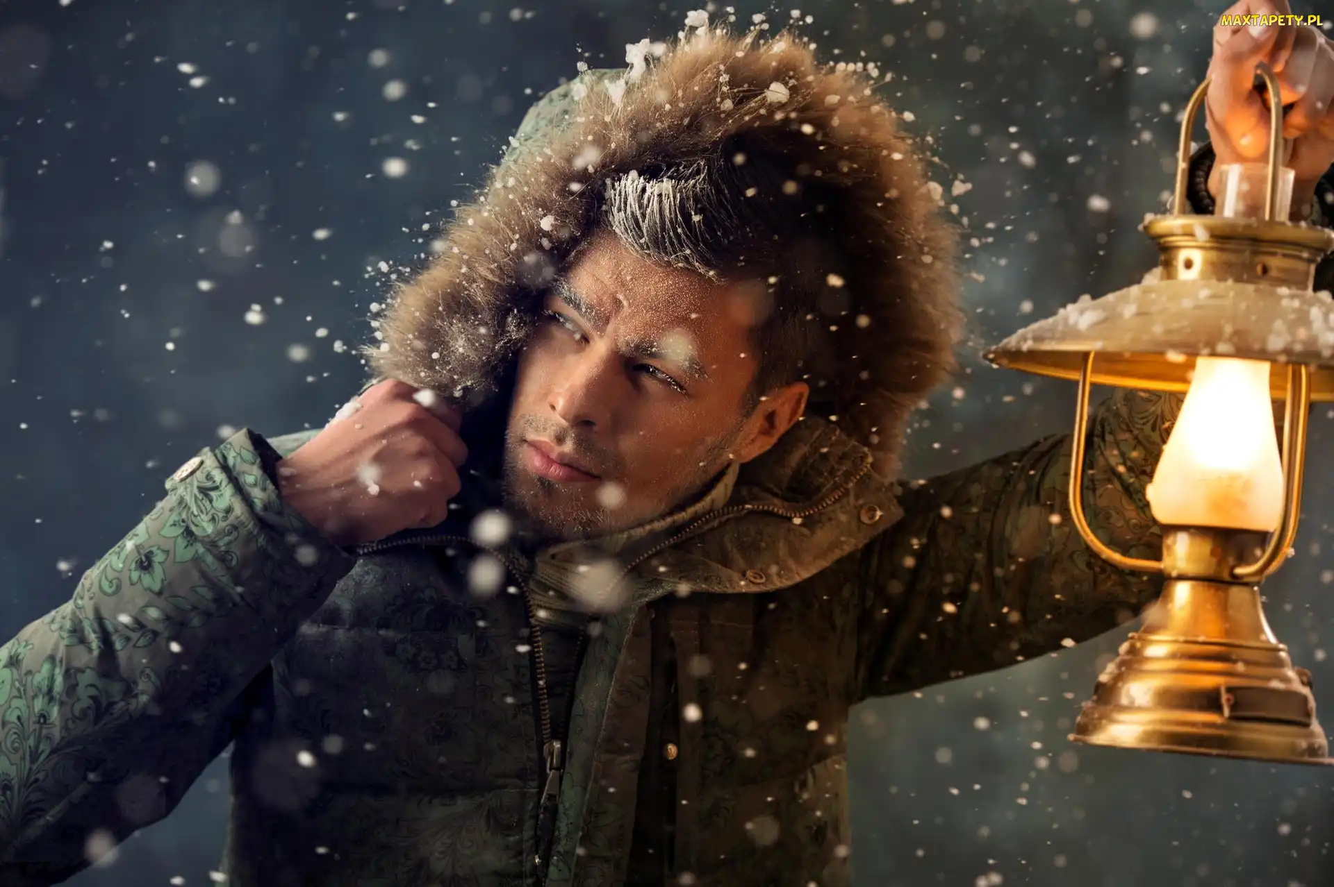 Model, Śnieg, Zima, Lampa, Mężczyzna