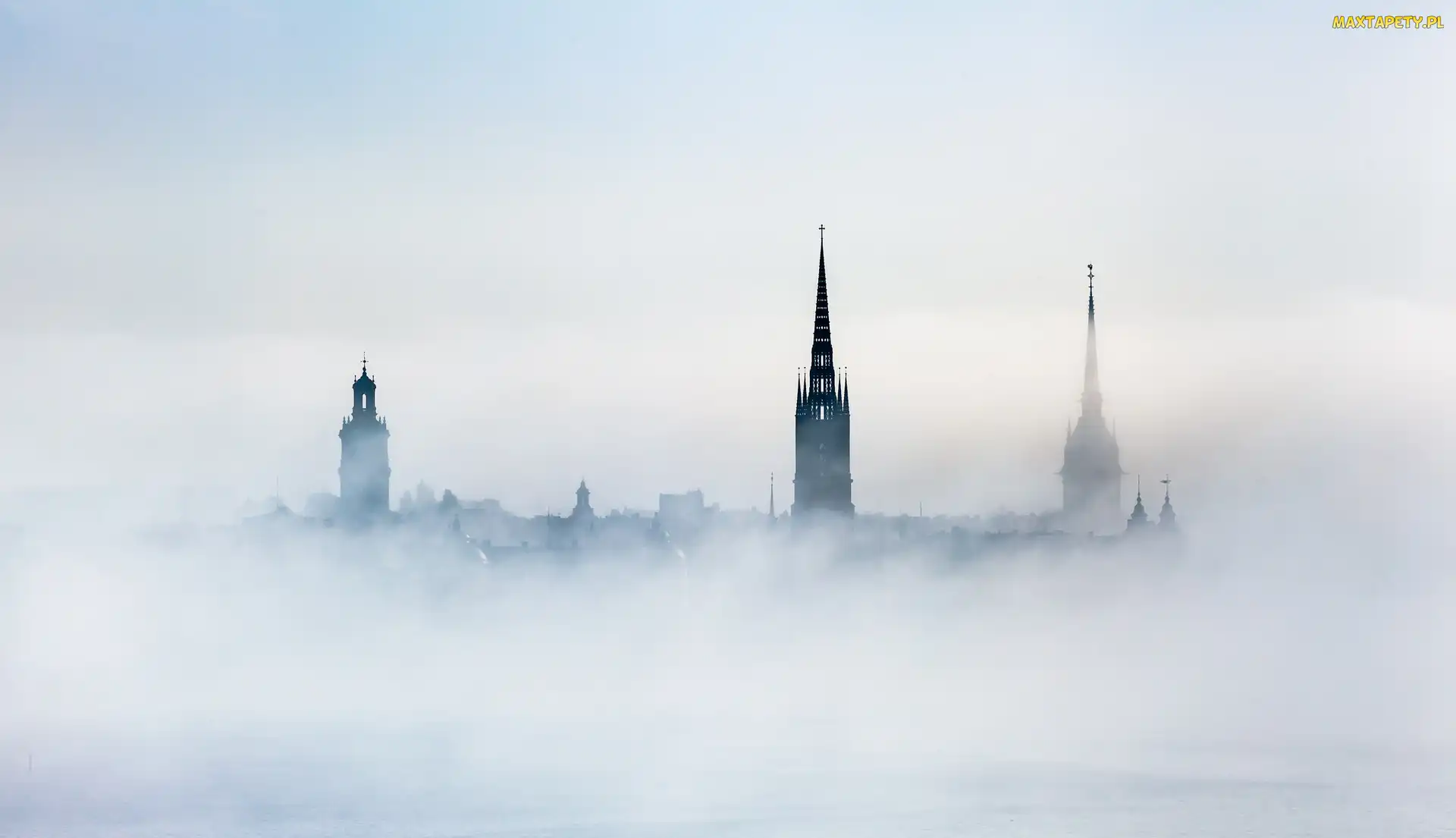 Mgła, Chmury, Wyspa Riddarholmen, Sztokholm, Kościół, Wieże