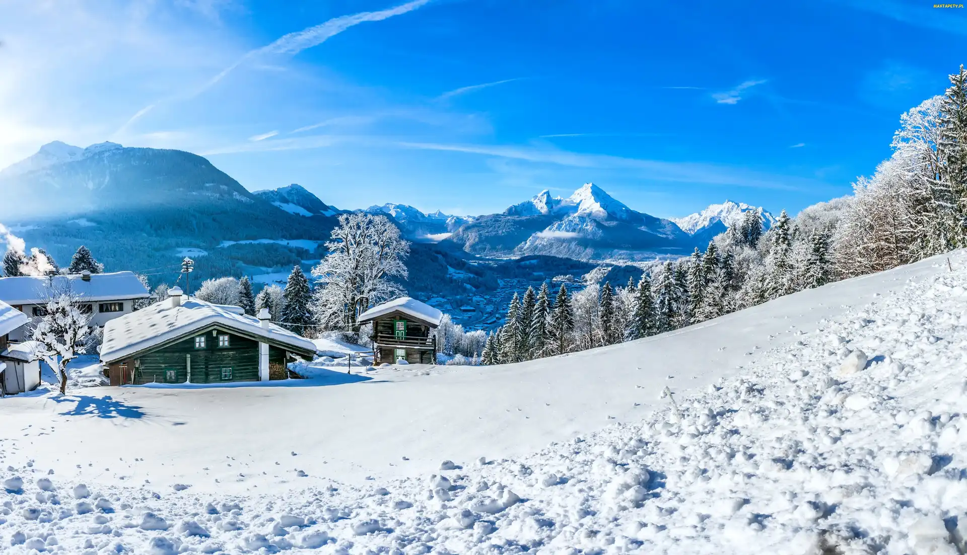 Dolina, Lasy, Berchtesgaden, Kurort, Góry, Niemcy, Zima