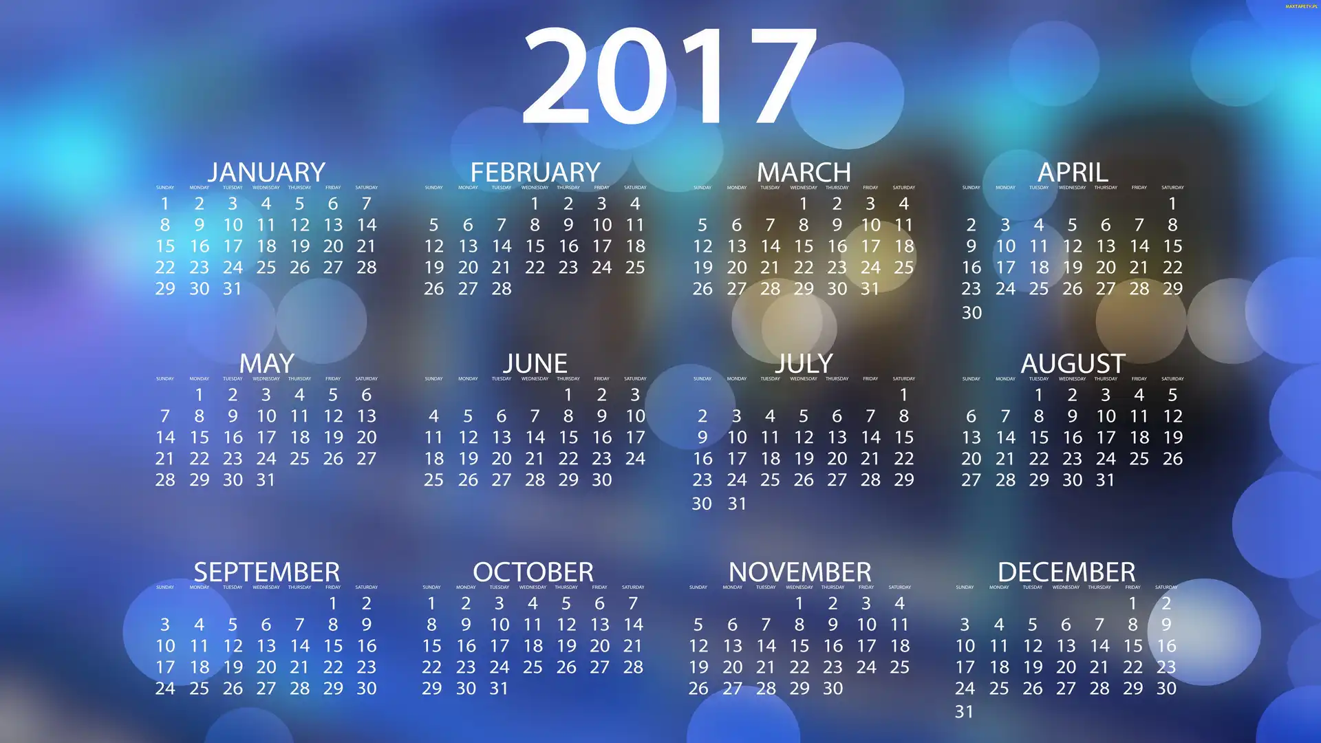 2017, Bokeh, Kalendarz