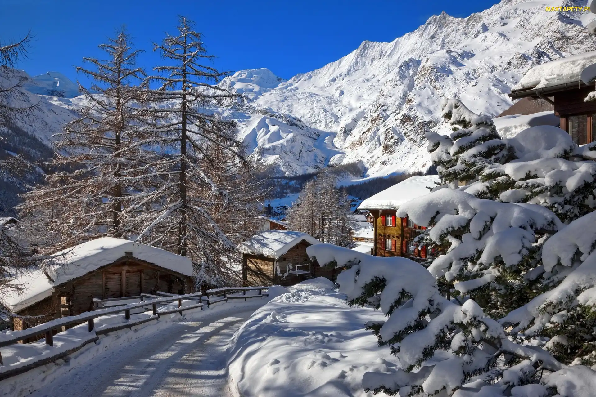 Saas-Fee, Szwajcaria, Droga, Góry, Wieś, Domy, Zima