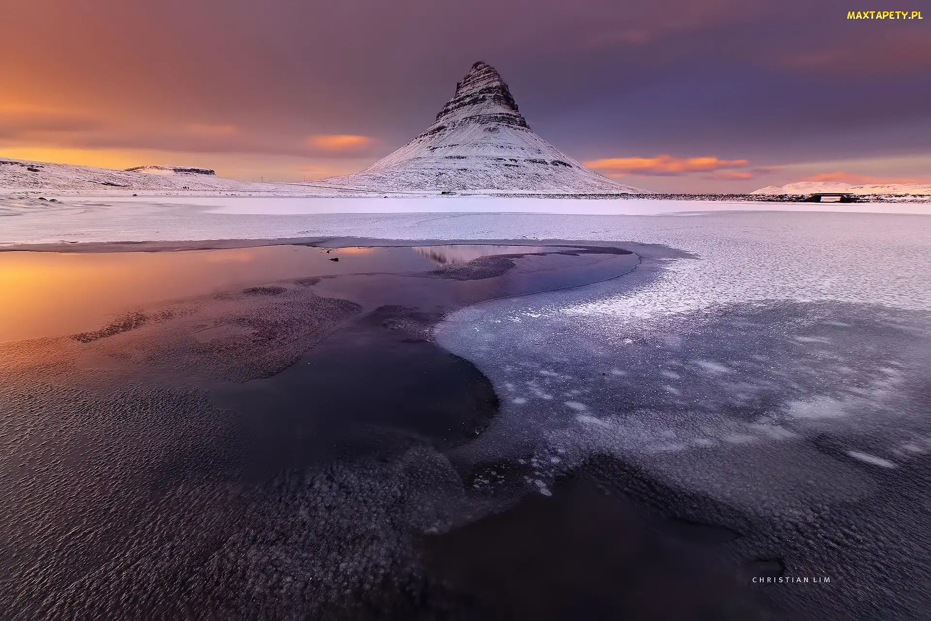 Jezioro, Zima, Góra Kirkjufell, Islandia