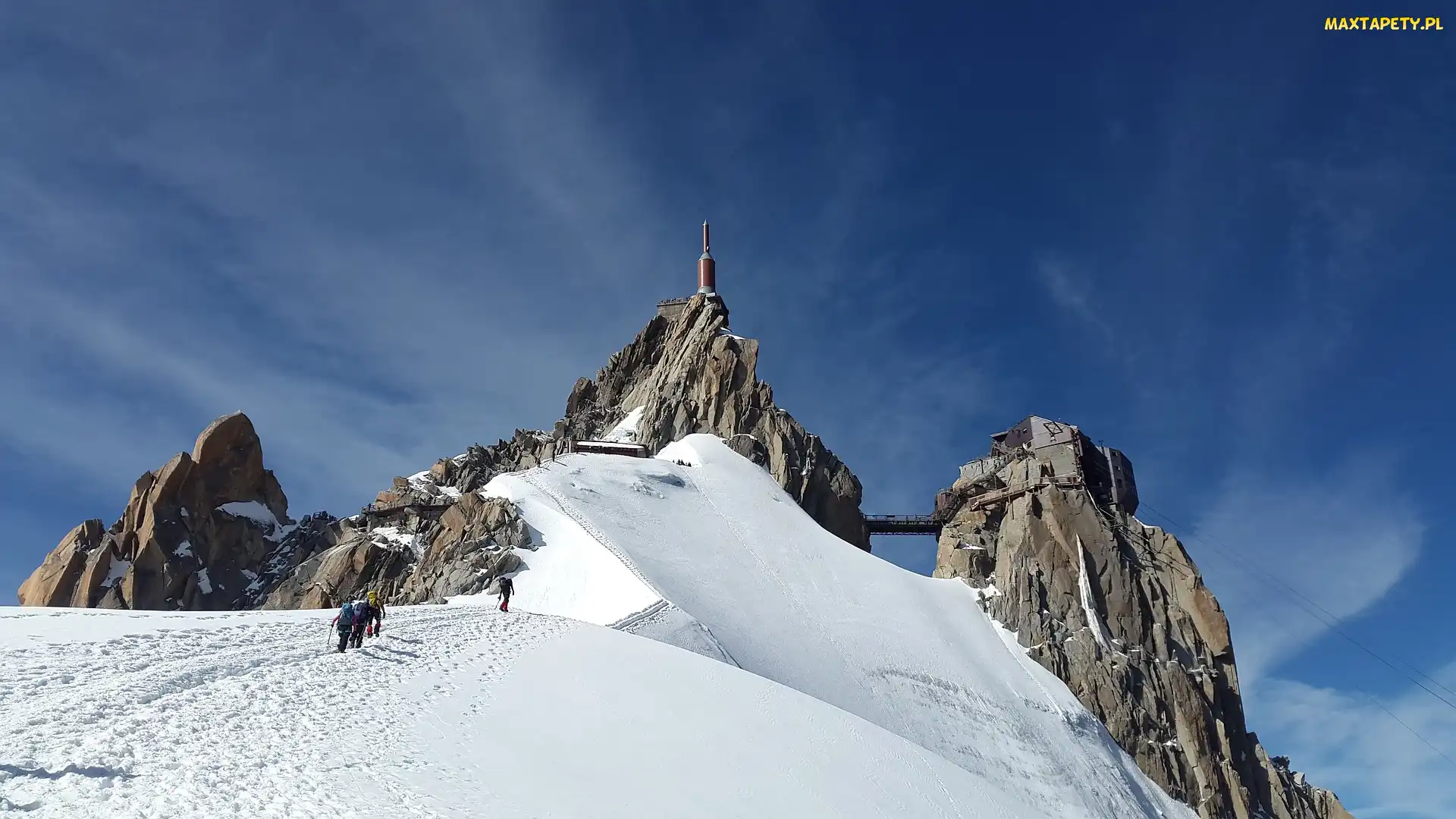 Góry Alpy, Alpiniści Francja, Chamonix Górna Stacja Kolejki, Szczyt Aiguille Du Midi, Francja