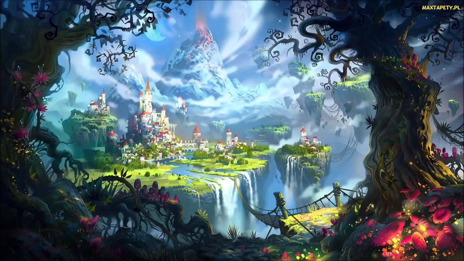 Wulkan, Fantasy, Most, Drzewa, Miasto