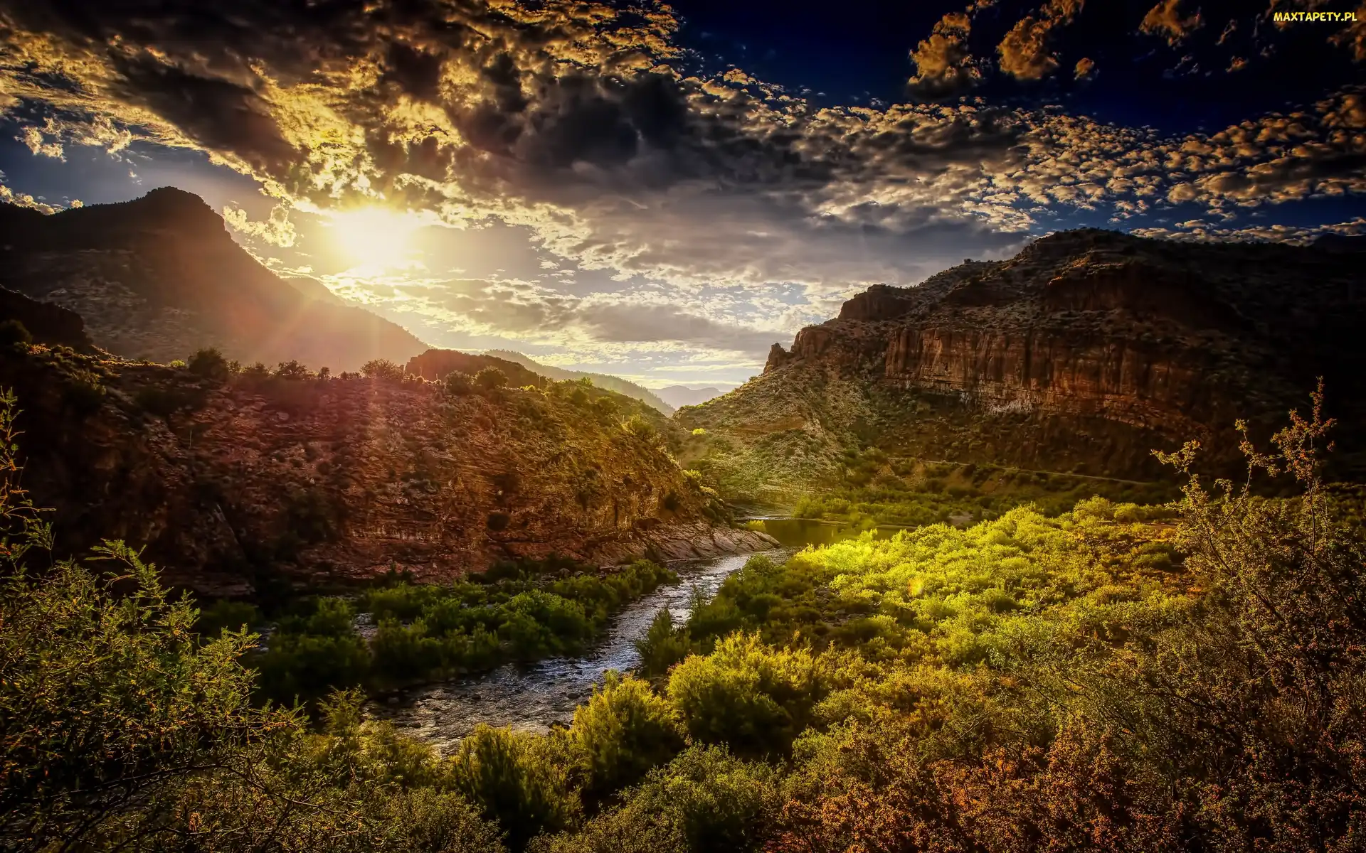 Arizona, Wschód słońca, Góry, Rzeka Salt River, Stany Zjednoczone