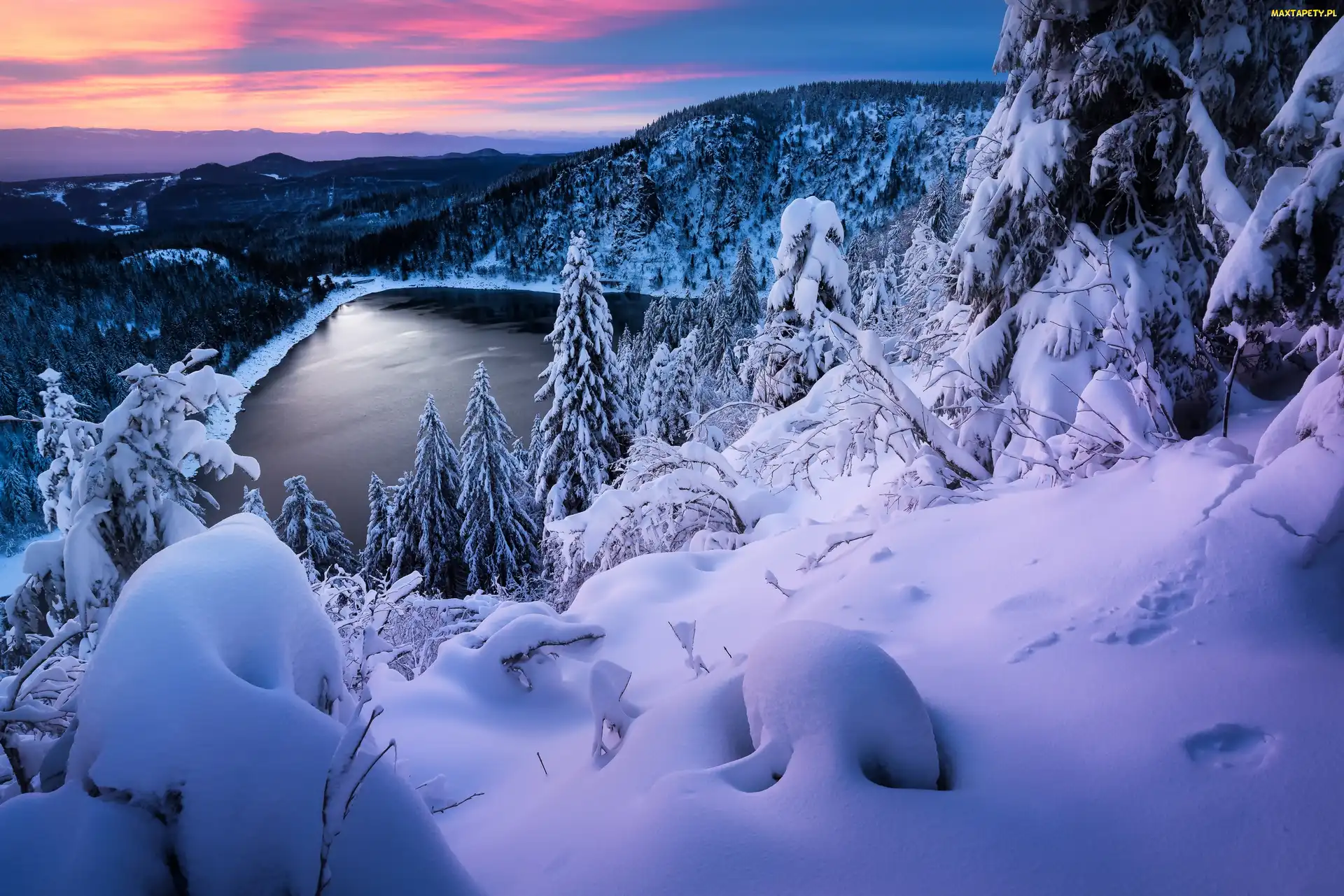 Góry, Śnieg, Jezioro, Drzewa, Zima