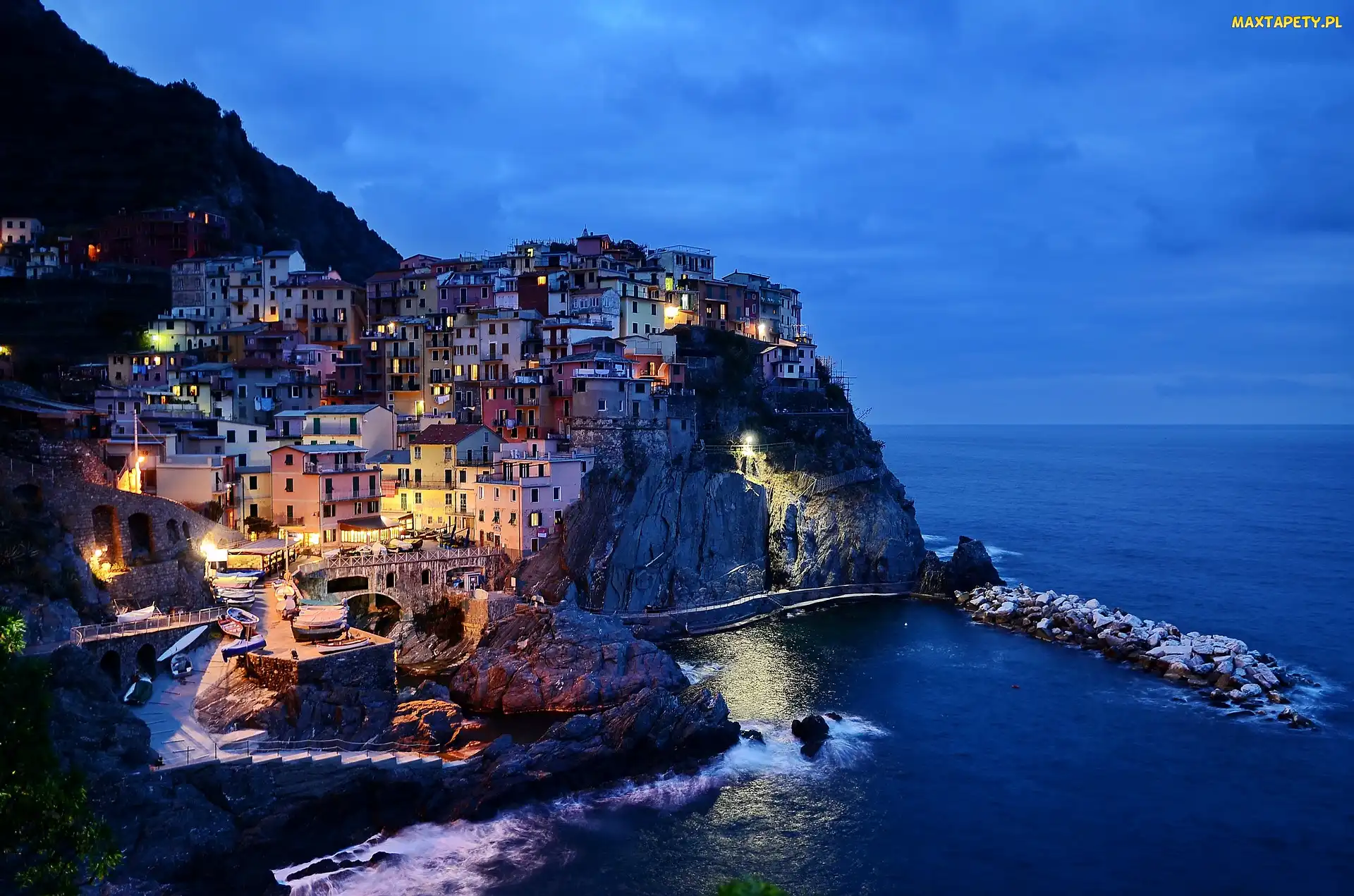 Park Narodowy Cinque Terre, Morze, Skały, Zdjęcie miejscowości Manarola, Włochy