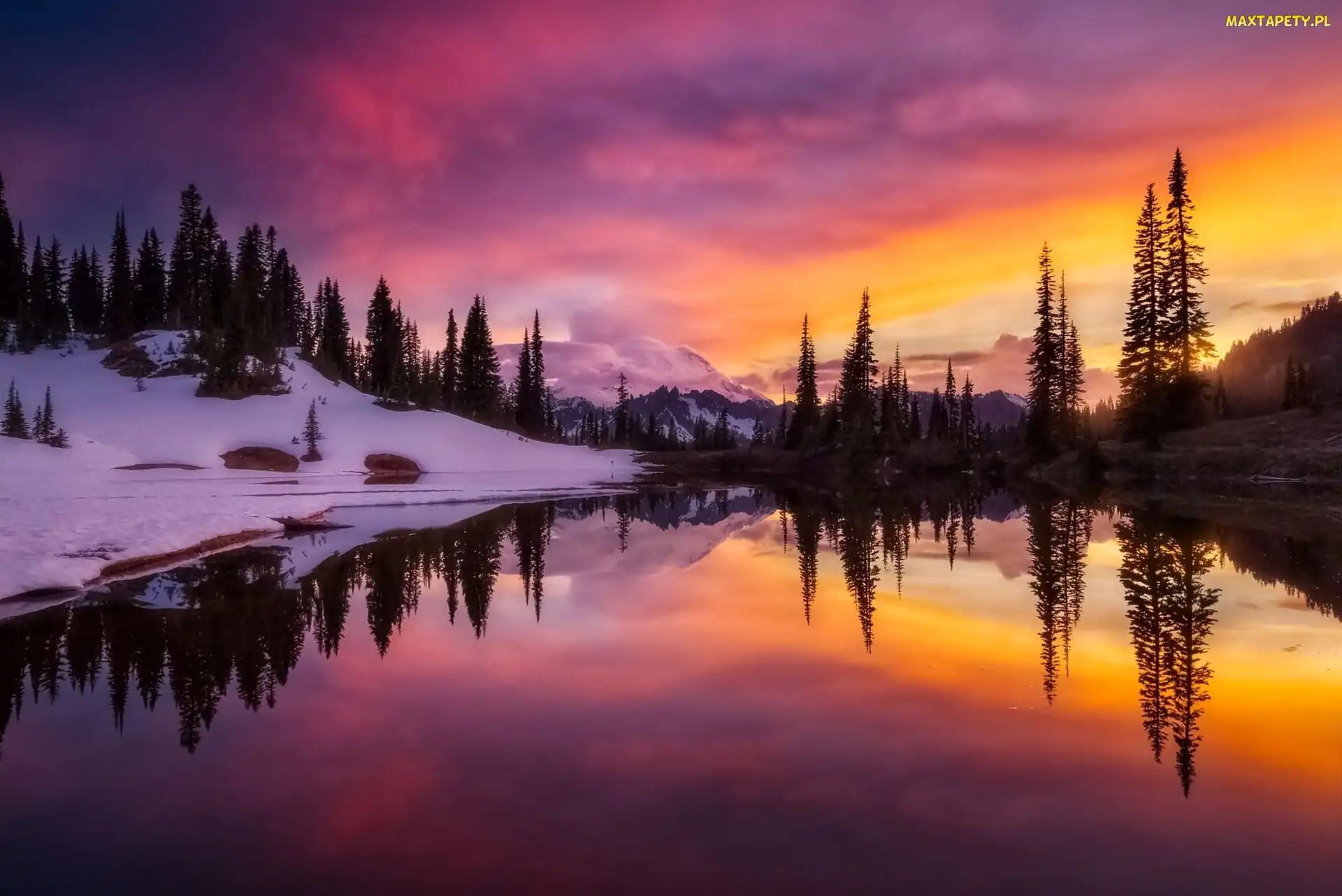 Stan Waszyngton, Zachód Słońca, Stany Zjednoczone, Jezioro, Zima, Park Narodowy Mount Rainier, Drzewa, Góry
