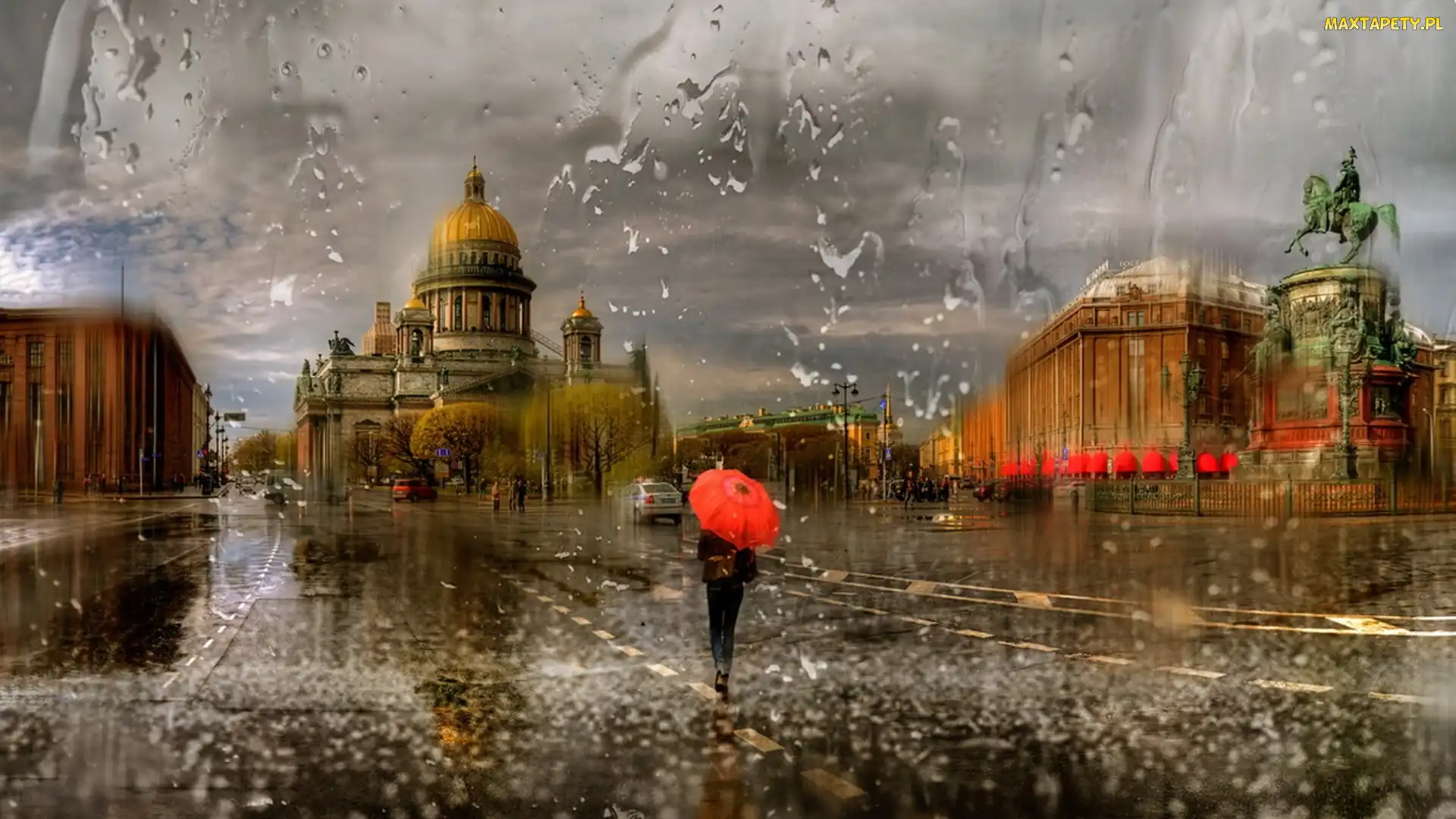 Budowle, Ulica, Kobieta, Petersburg, Parasolka, Deszcz