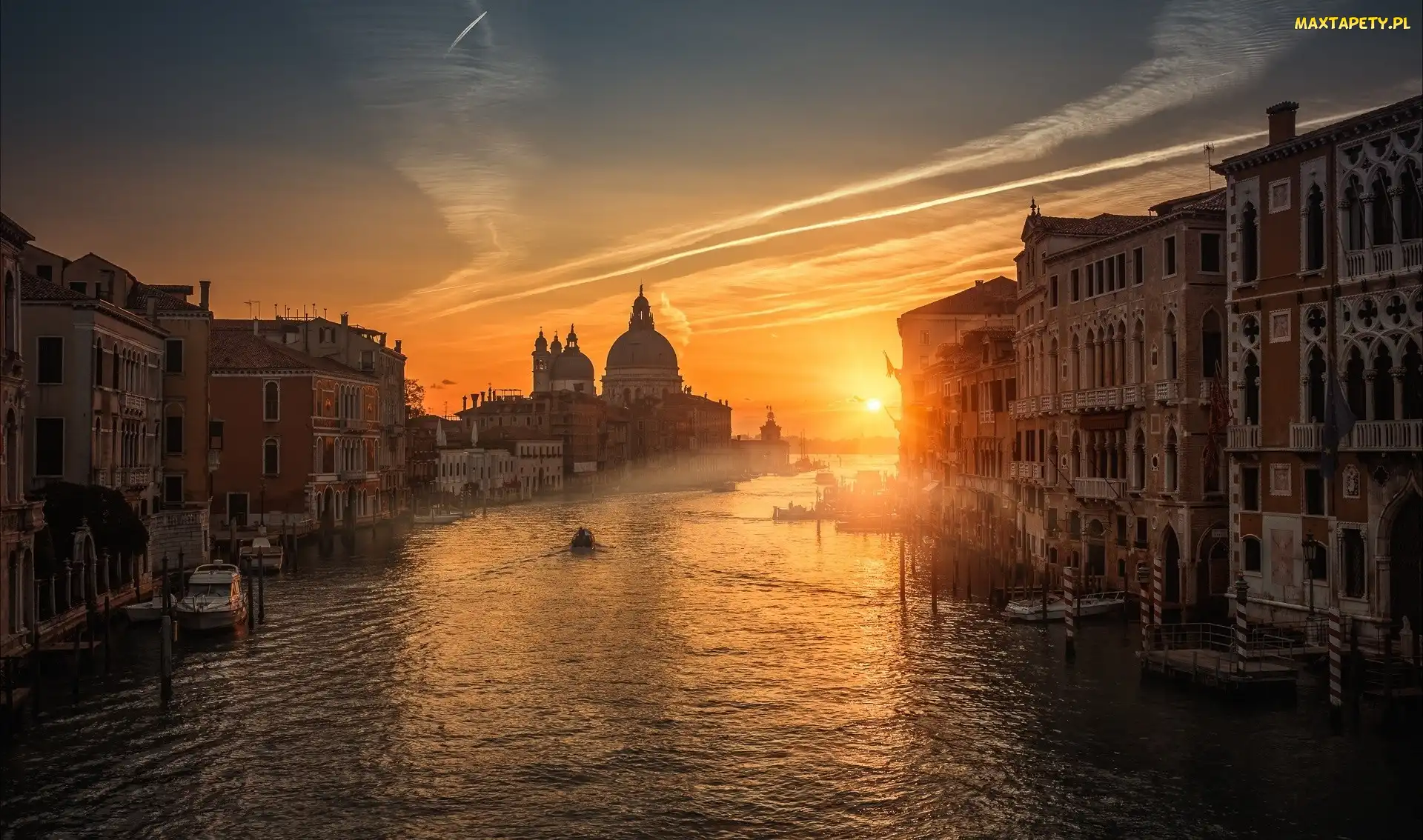 Łodzie, Budynki, Wenecja, Włochy, Canal Grande, Zachód słońca