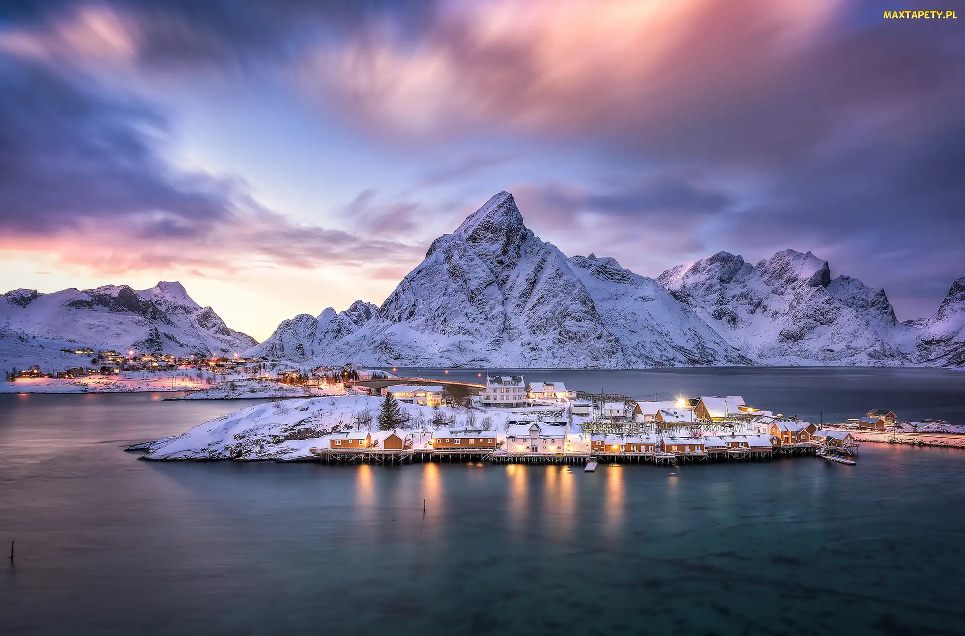 Lofoty, Góry, Zima, Wieś Reine, Norwegia