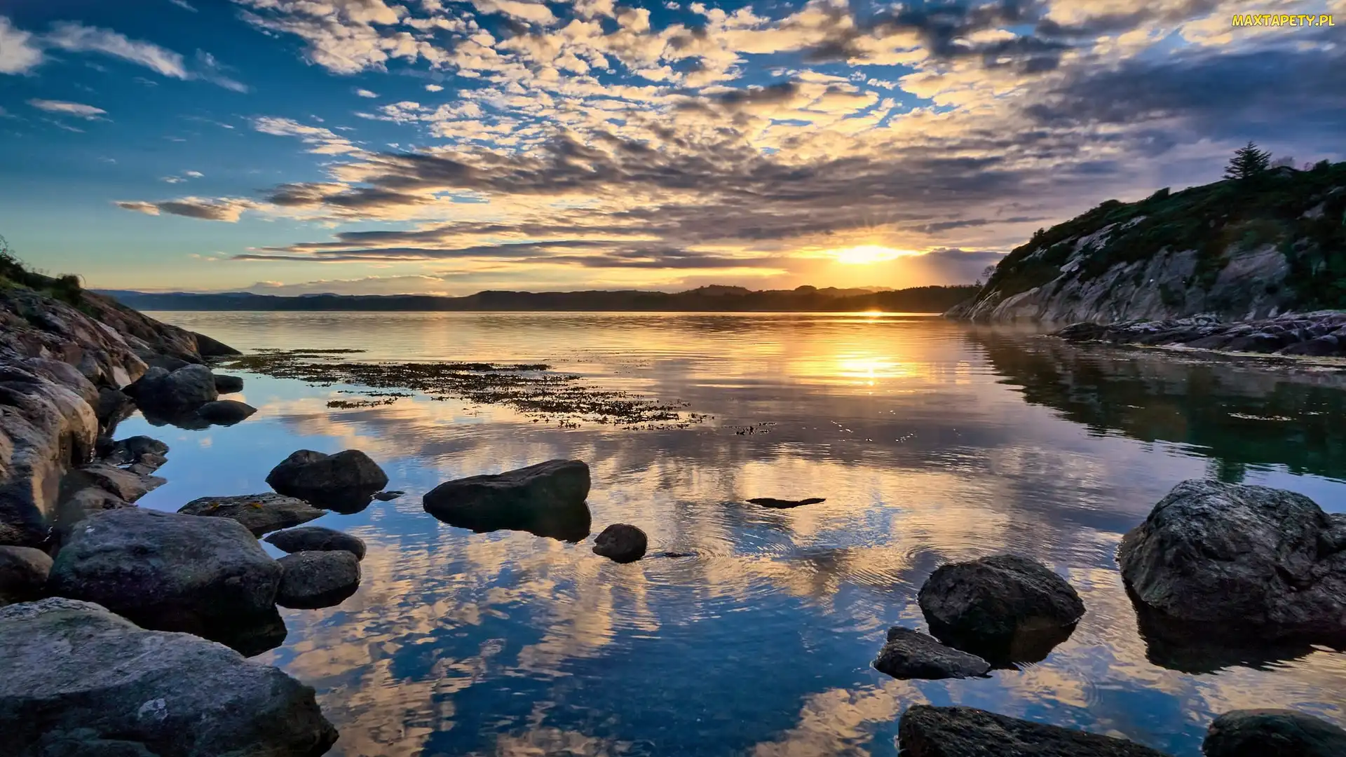 Morze, Wschód słońca, Góry, Kamienie, Norwegia