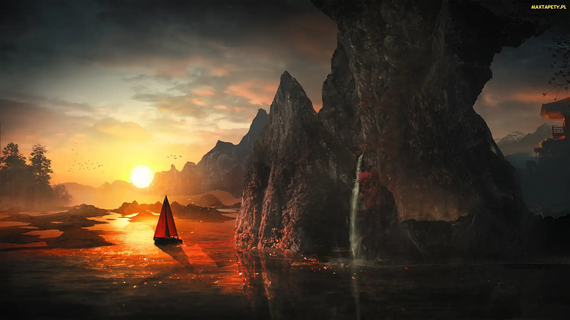 Fantasy, Żaglówka, Skały, Łódka, Zachód słońca