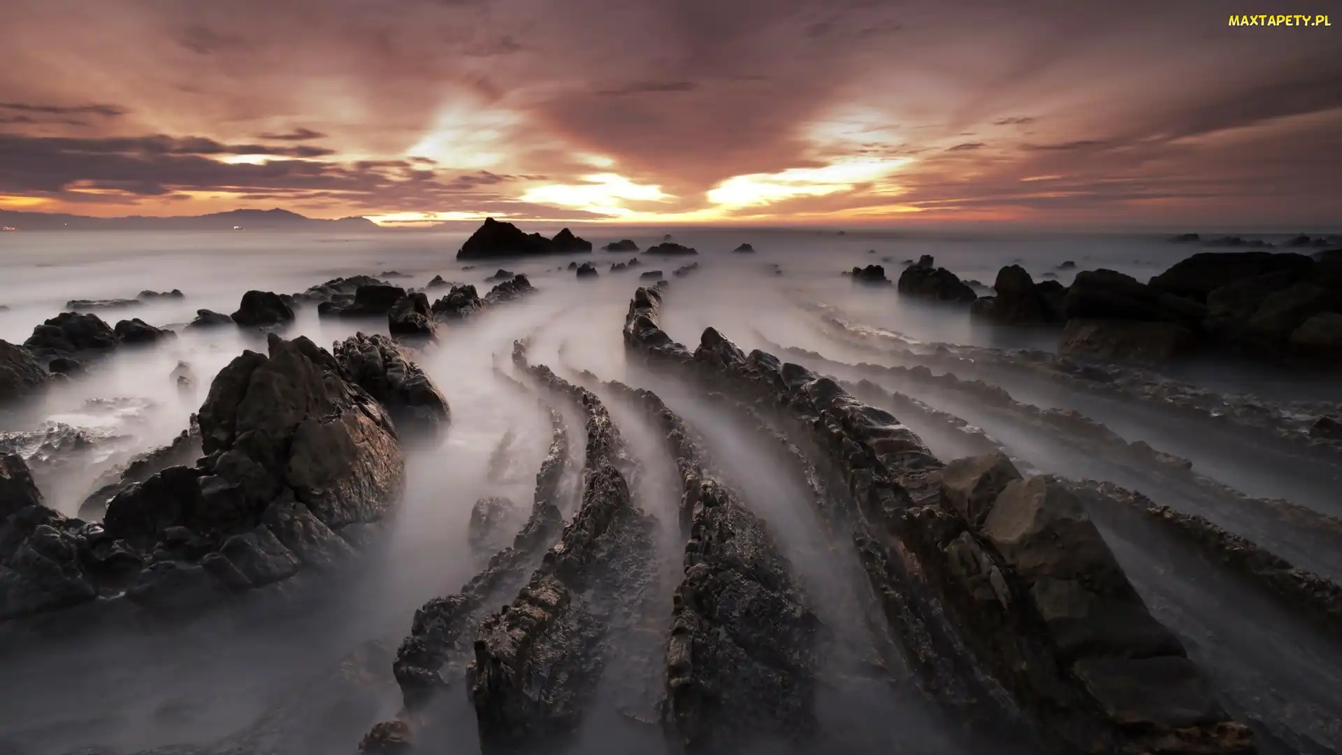 Zmierzch, Plaża, Barrika, Hiszpania, Morze, Skały