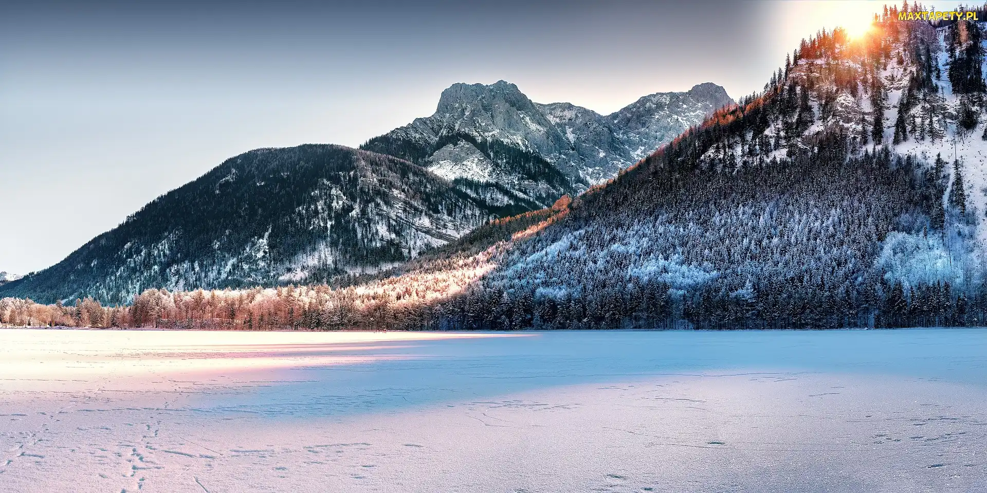 Promienie słońca, Jezioro Langbathseen, Zima, Austria, Góry, Zamarznięte