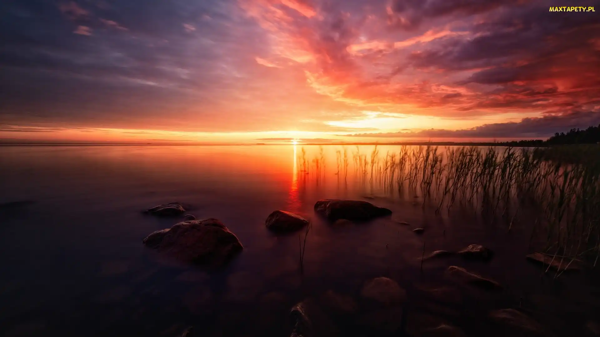 Jezioro, Zachód słońca, Kamienie, Trawa