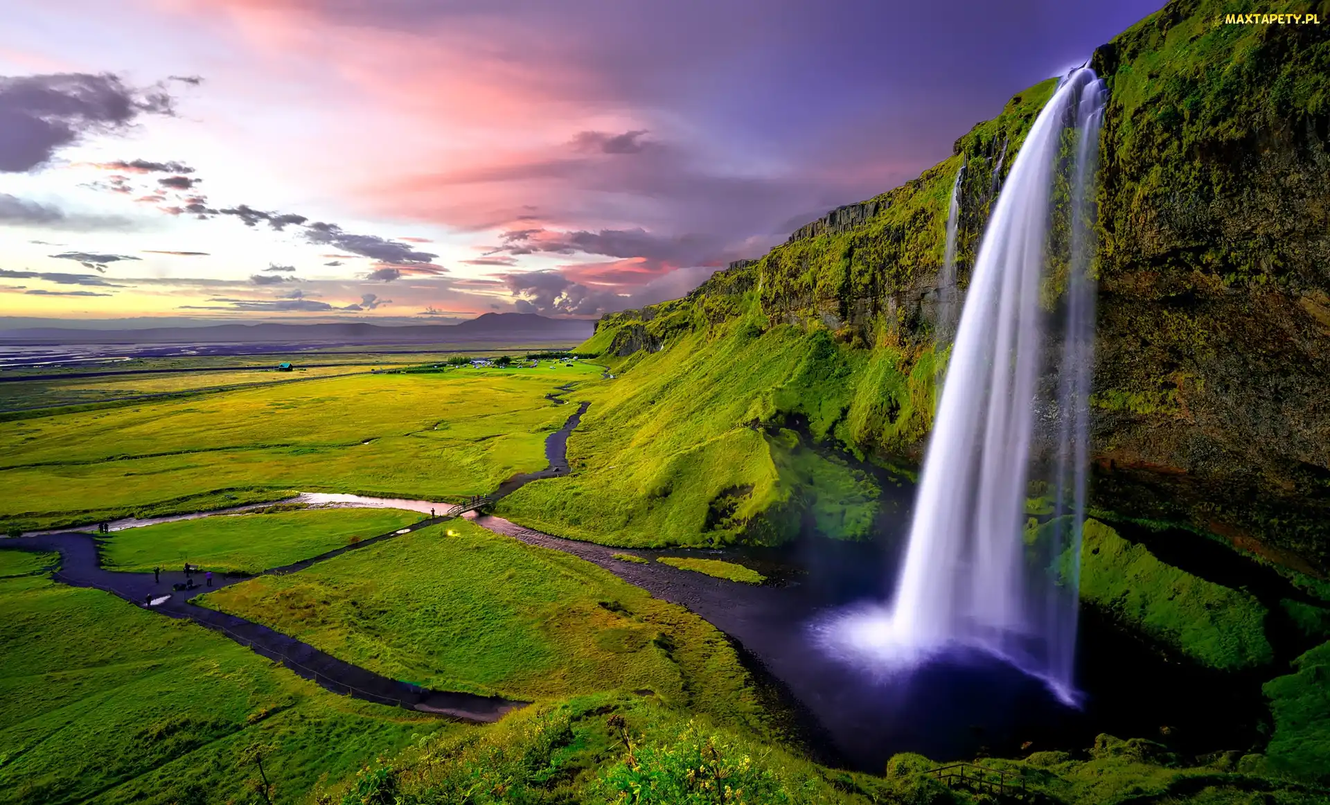 Islandia, Roślinność, Klif, Zachód słońca, Wodospad Seljalandsfoss