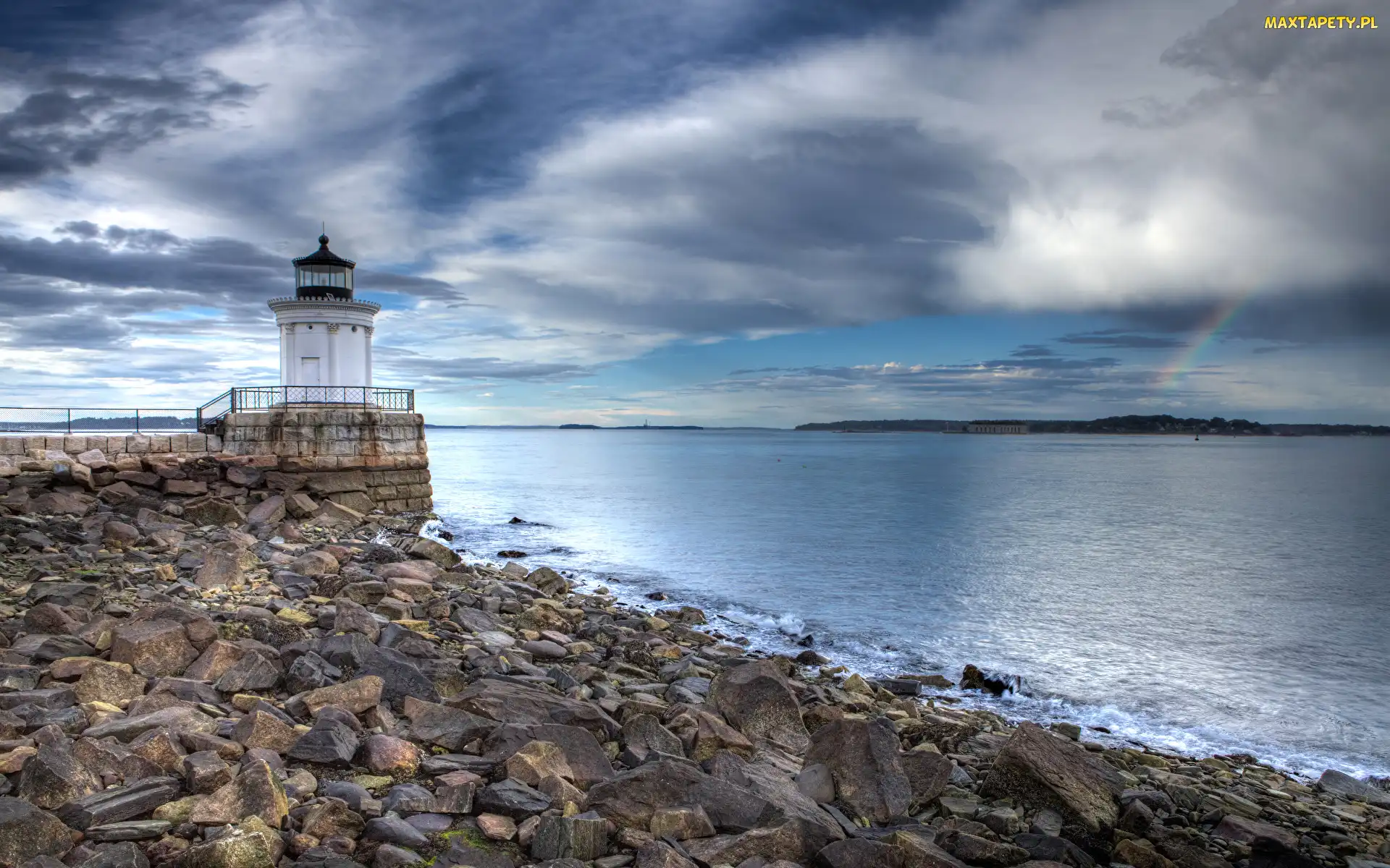 Tęcza, Morze, Stan Maine, Stany Zjednoczone, Latarnia morska Portland Breakwater Light, Kamienie