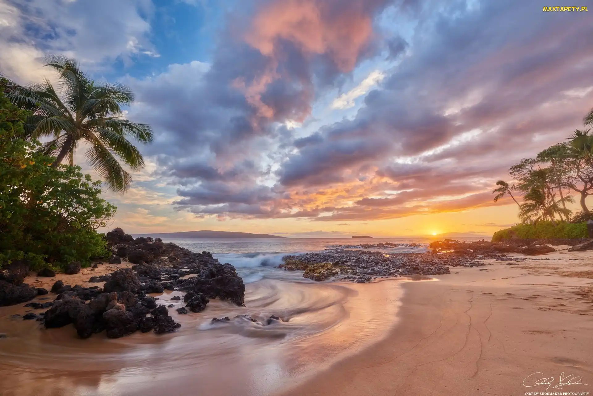 Chmury, Palmy, Wyspa Maui, Hawaje, Morze, Zachód słońca