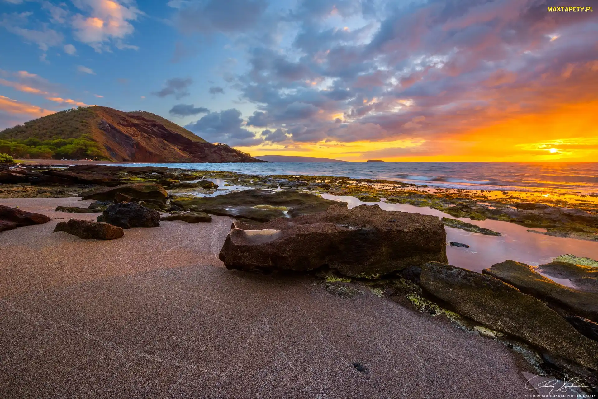 Wzgórza, Kamienie, Wyspa Maui, Hawaje, Morze, Zachód słońca