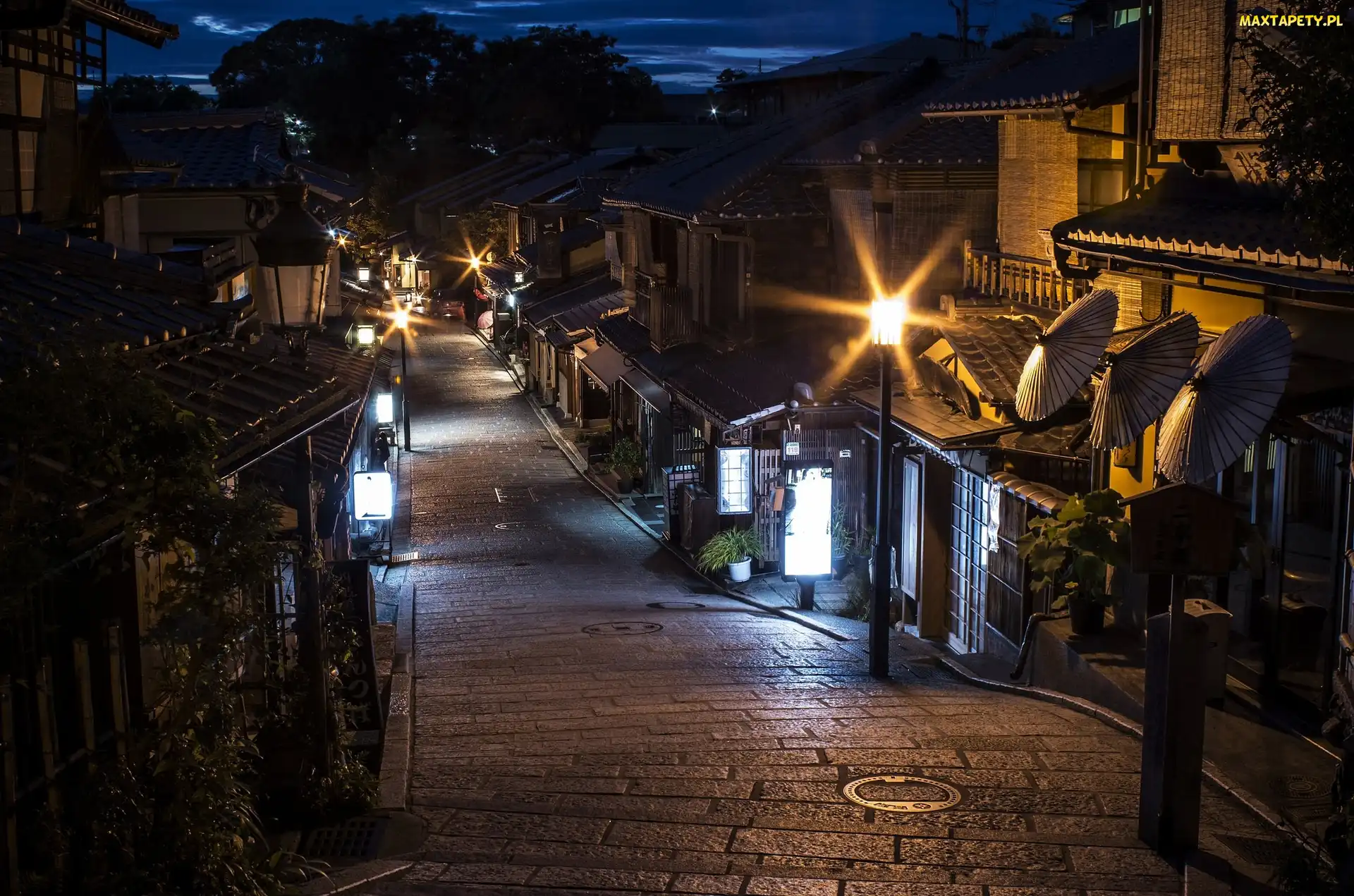 Kyoto, Noc, Domy, Ulica, Japonia