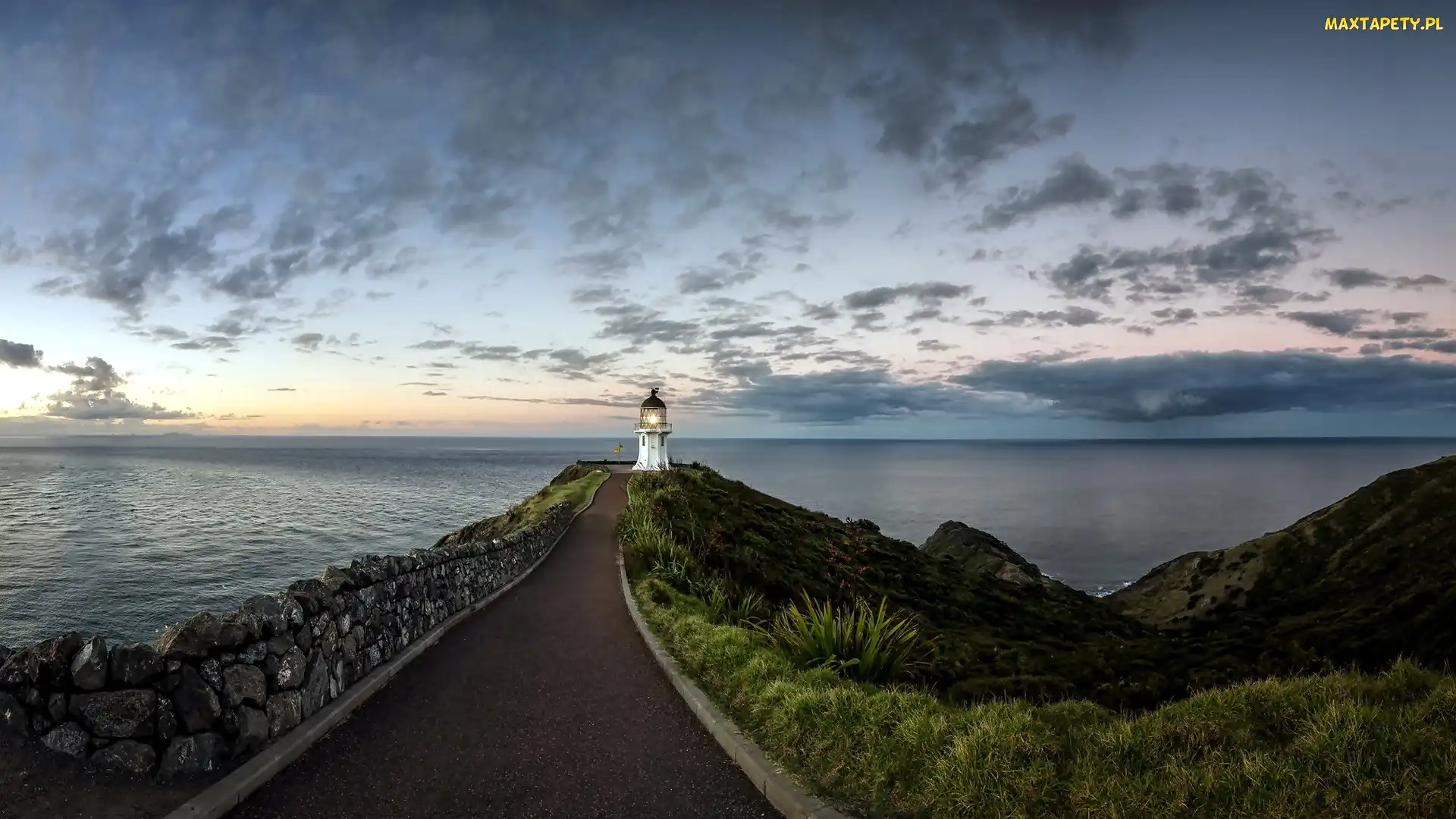 Niebo, Morze, Wyspa Północna, Nowa Zelandia, Latarnia morska Cape Reinga Lighthouse, Droga